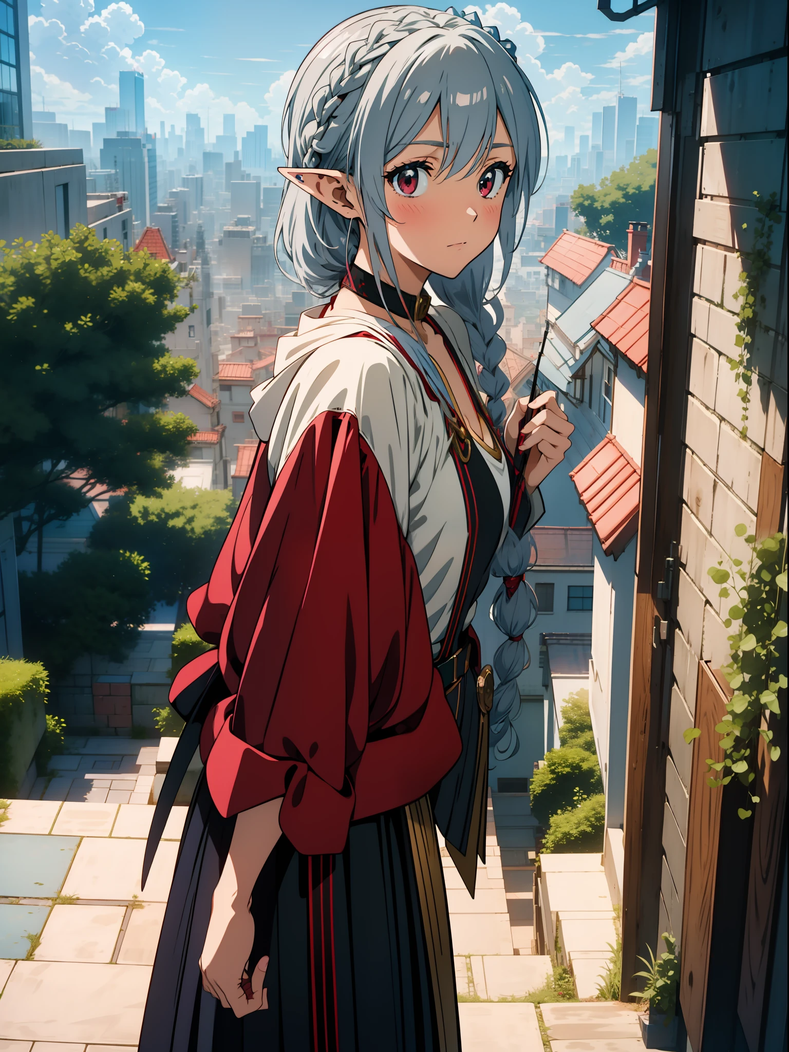 Overlooking the city, close up of one girl, elf, silver hair, red eyes, braid, dancer-style costume, bikini, embarrassed, blush, holding a long magic wand, concept art, beautiful anime scene, beautiful anime landscape, top rated on pixiv, top quality, 4K