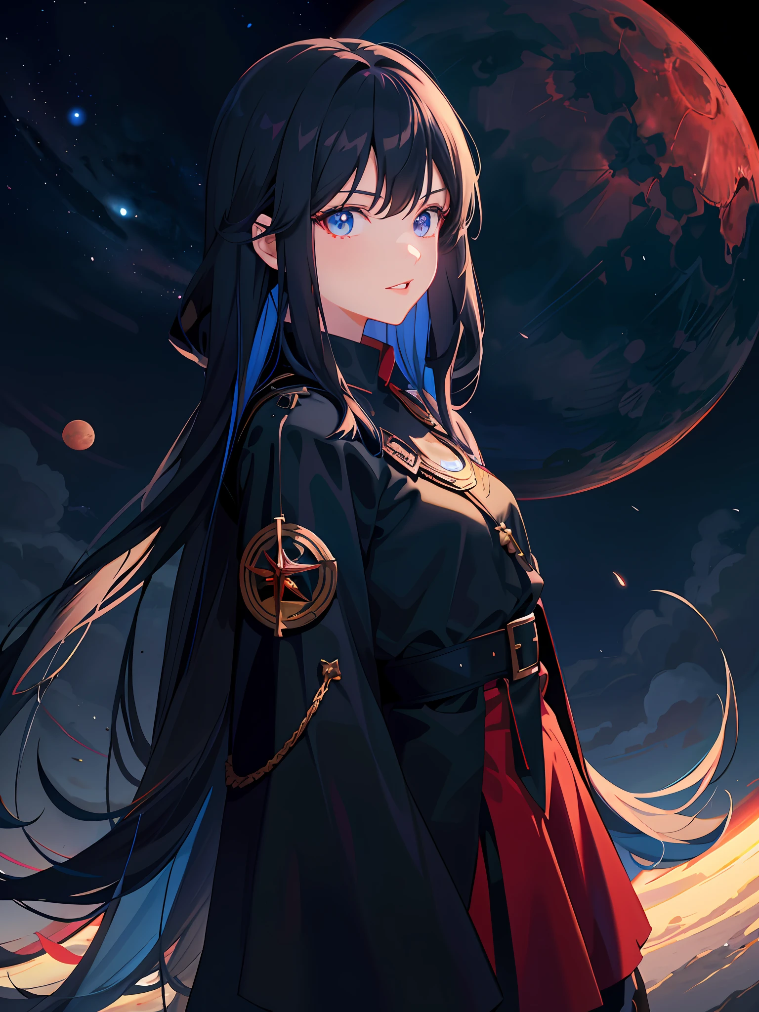Anime girl with long black hair and blue eyes standing in front of a planet red, black - hair mage, anime style 4 k, anime art wallpaper 8 k, anime art wallpaper 4 k, anime art wallpaper 4k, anime wallpaper 4k, anime wallpaper 4k, anime 4k wallpaper, anime anime 8 k, anime moe artstyle, zerochan art, mouth with vabios extremely detailed red 8k, blue and black details on wizard outfit, mountains full of trees wallpaper, masterpiece, dynamic lighting, closed lips, nice expression, moon glowing blue, big chests