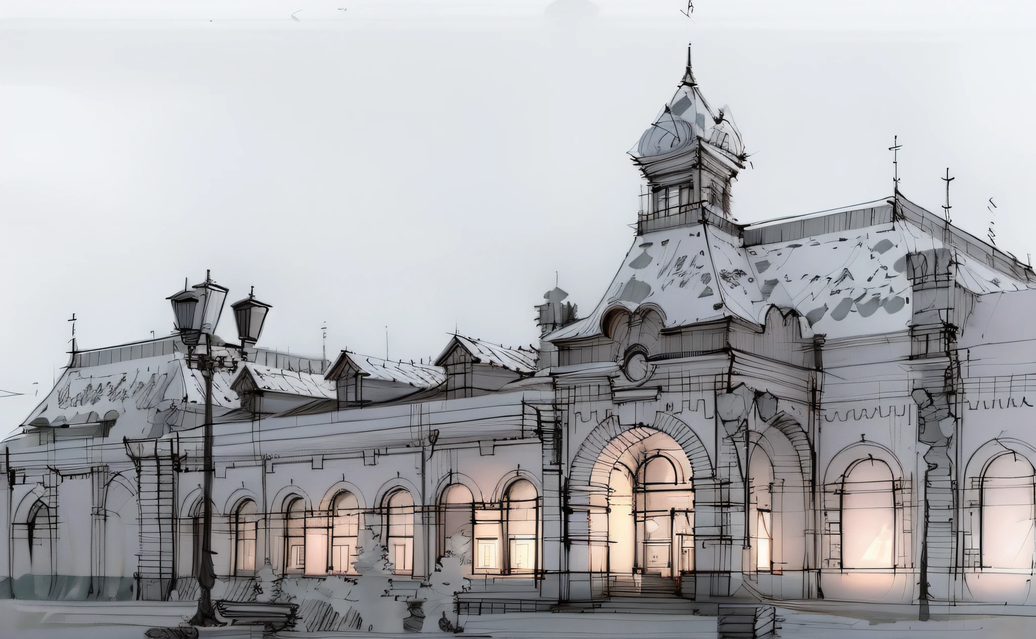 sketch, sketch, pen_sketch_style, Yekaterinburg railway station, the photo shows the station, the building, beautiful high resolution, the exterior of a huge beautiful station