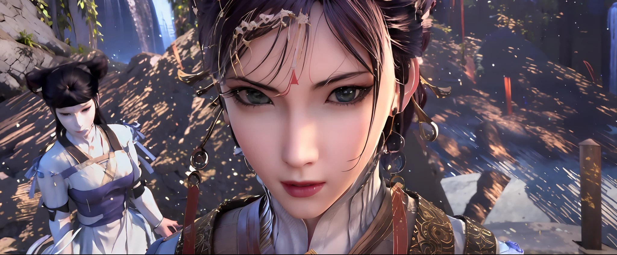 anime character with bloody eyes and a red headband in front of a crowd, katana zero video game character, character close-up, character close up, 8 k uhd character details, dead or alive 6, fierce expression 4k, inspired by Li Mei-shu, game cg, xianxia hero, heise jinyao, uhd face details