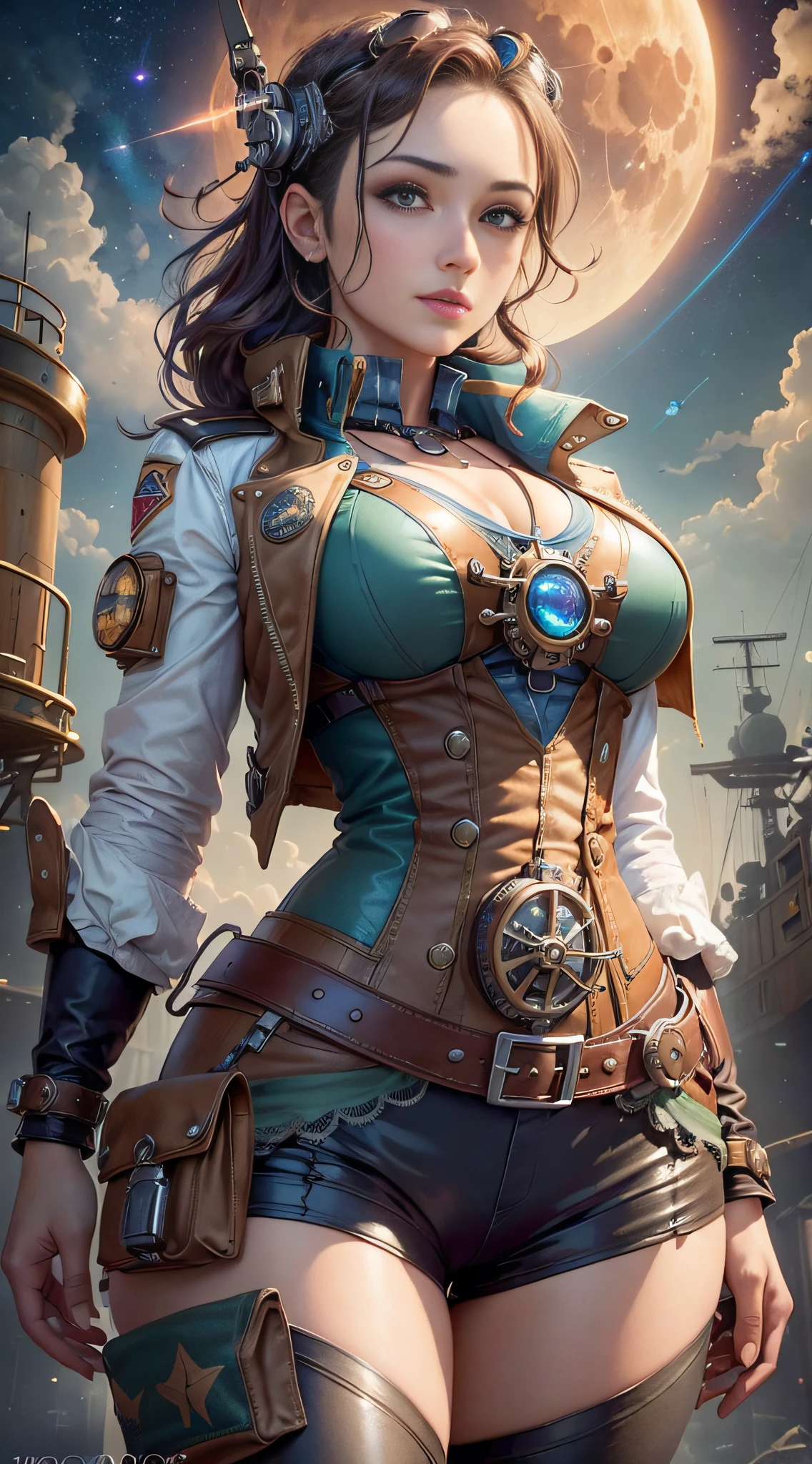 (((photograph of a gorgeous and steampunk pilot girl torn uniform)))), ((a view from below that shows the sky above)), (a gorgeous steampunk pilot girl) standing in a harbor space looking up, (full moon: 1.2), (shooting stars: 0.9), (nebula: 1.3), distant spaceship on moon freight, production art, (hot light source: 1.2), (Firefly:  1.2), lamp, very green and blue, complex details, volumetric lighting, realism BREAK (masterpiece: 1.2), (best quality), 4k, ultra-detailed, (dynamic composition: 1.4), highly detailed, colorful details, (iridescent colors: 1.2), (bright lighting, atmospheric lighting), dreamy, magical, (solo: 1.2), perfect breasts, brown vest, (large breasts:1.4), (tight buttoned shirt:1.3), (sexy:1.4), (seductive:1.1)