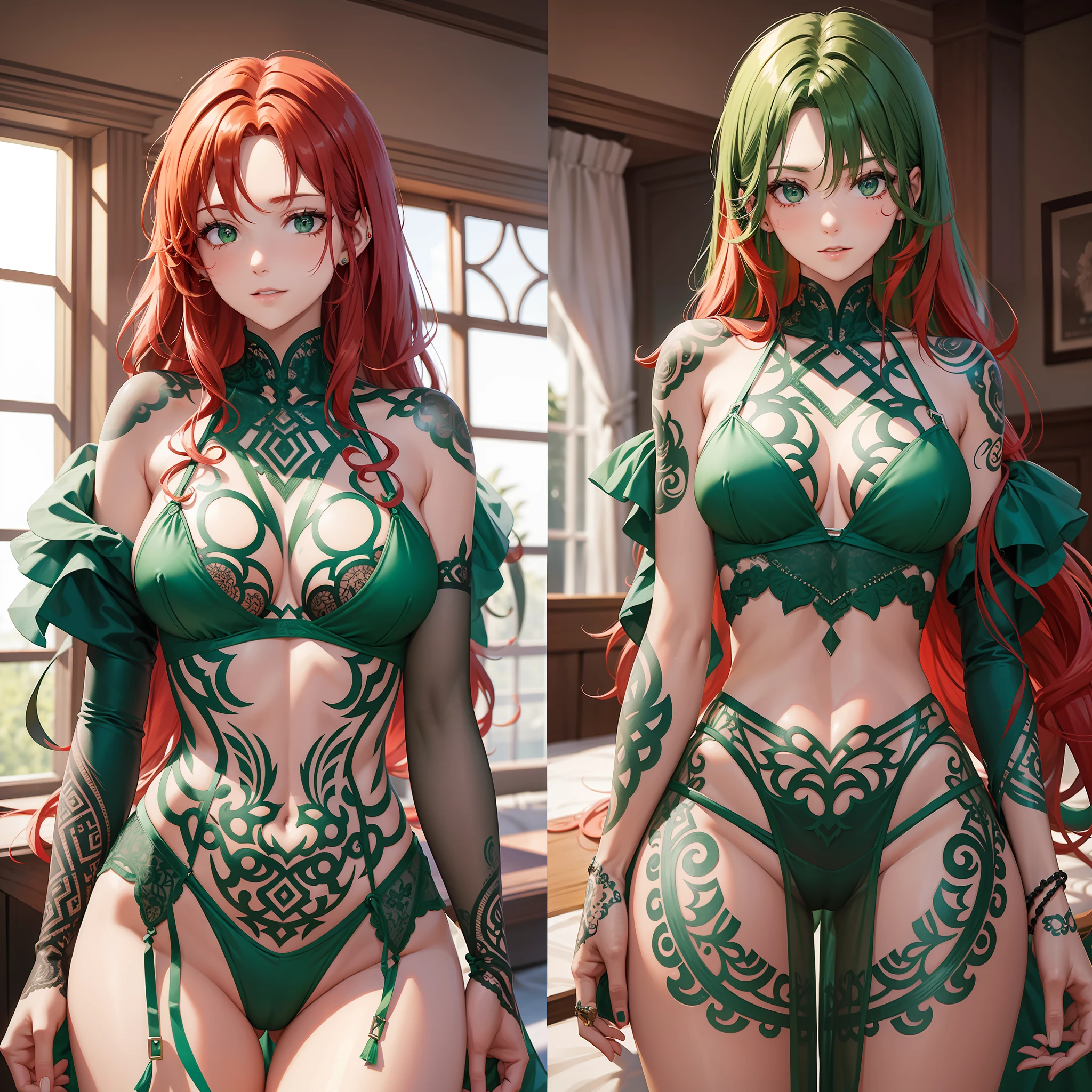 body all tattooed, transparent green lingerie, long curly red hair, back,