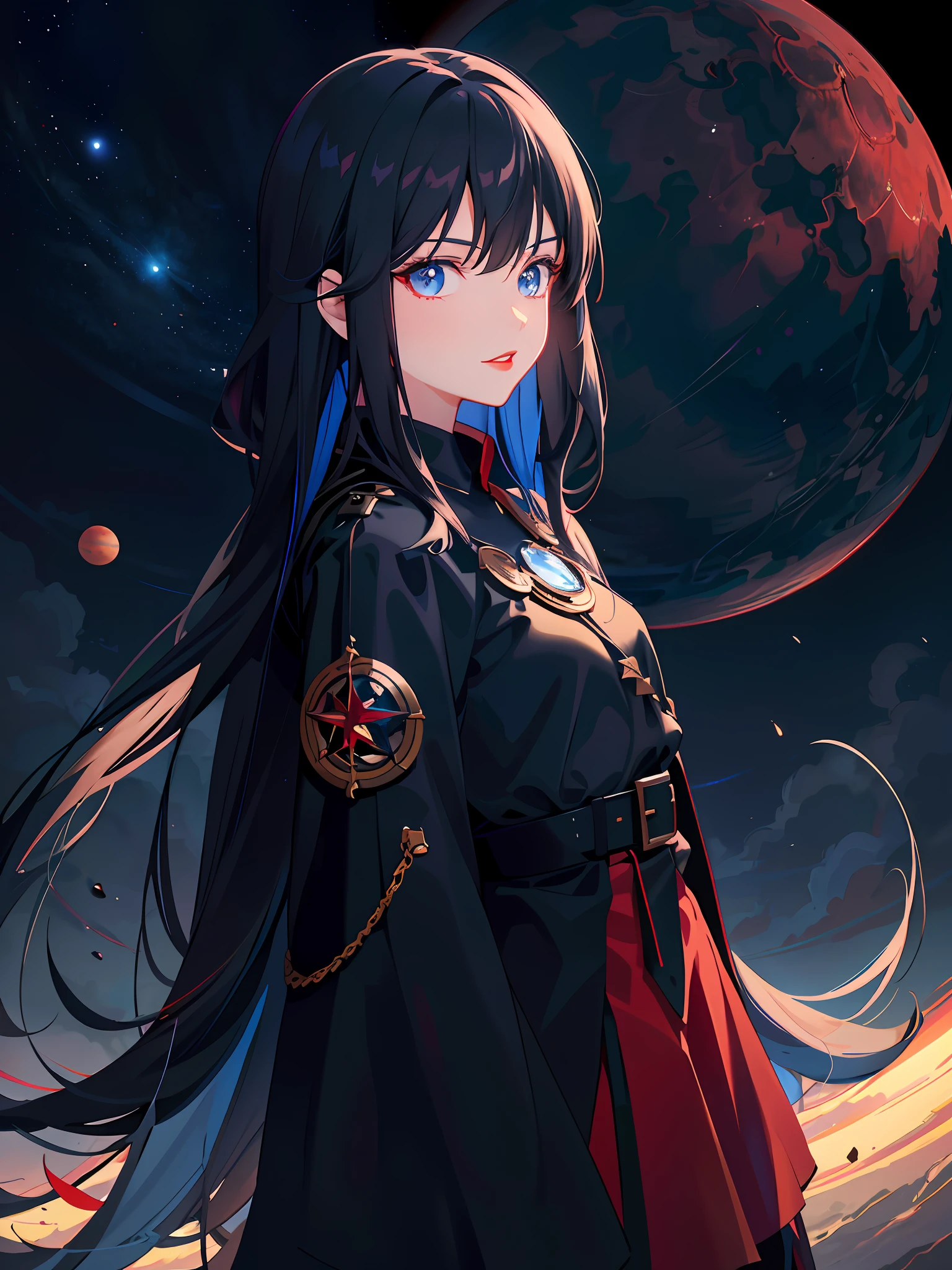 Anime girl with long black hair and blue eyes standing in front of a planet red, black - hair mage, anime style 4 k, anime art wallpaper 8 k, anime art wallpaper 4 k, anime art wallpaper 4k, anime wallpaper 4k, anime wallpaper 4k,  anime 4k wallpaper, anime anime 8 k, anime moe artstyle, zerochan art, extremely detailed red lips 8k, blue and black details on wizard outfit, masterpiece, dynamic lighting, closed lips, nice expression, blue star
