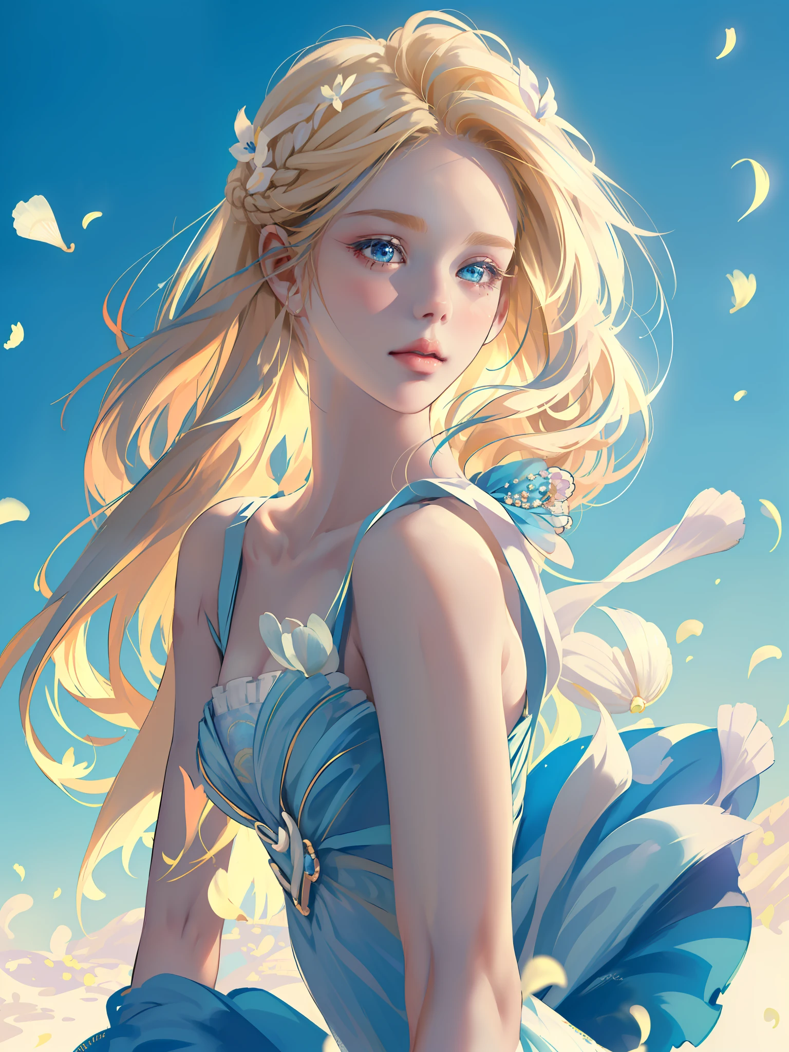 (((Masterpiece)), high quality, super detailed, blonde hair + blue clothing: 1.2, sweet and delicate girl, delicate facial features, perfect figure, no hands, half body, bubbles around, bright bright colors, pearl white background, romantic long hair, shell decoration, natural light, warm and sweet, blue eyes, flower hair decoration.