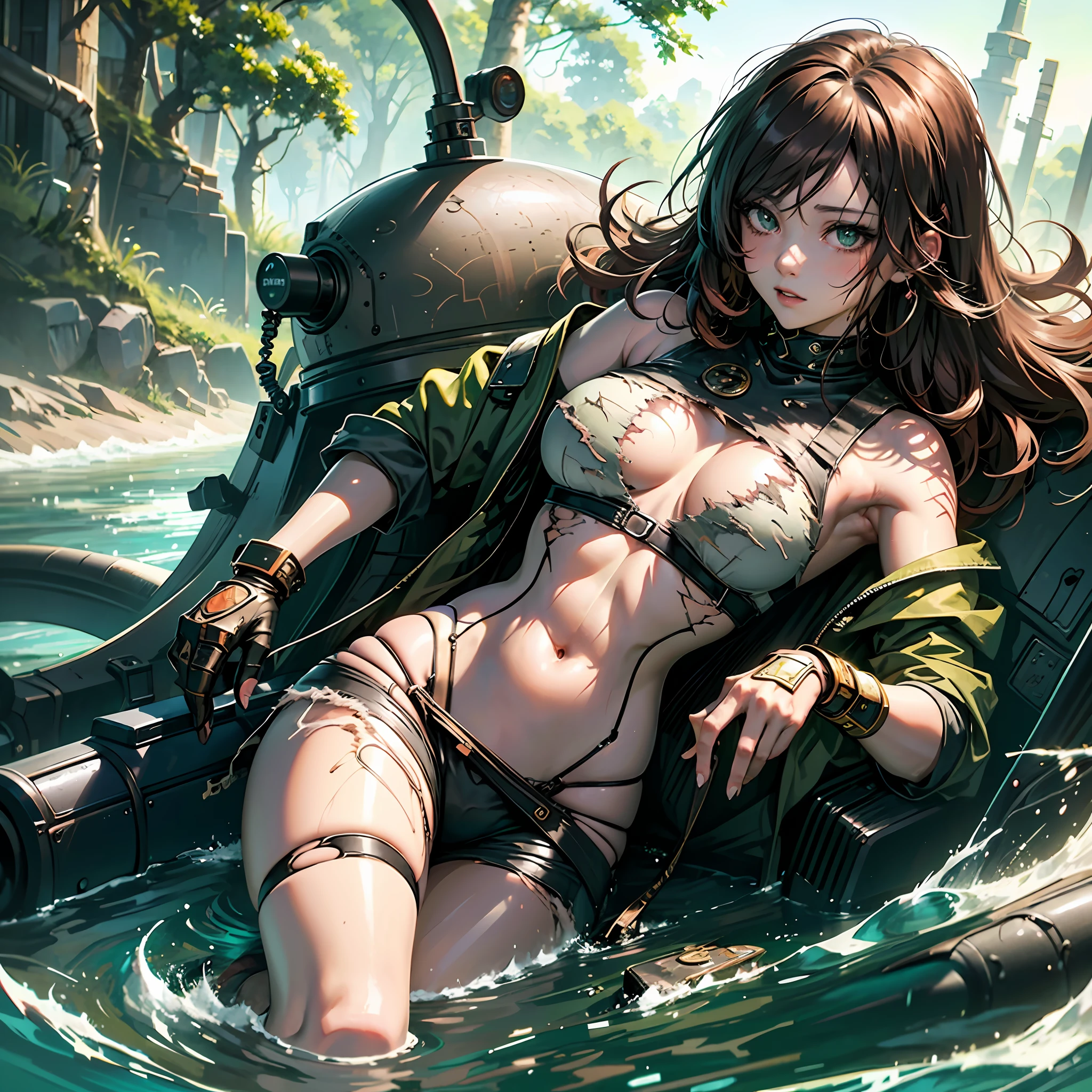 Hdr, sexy woman, anime style, human, half body, gulled in river, dense jungle, brown hair, dirty, wet, big breasts, detailed eyes, looking at camera, anime, detailed elements, top green top, ((radgado)), clothing, (((ripped)), anime, woman, human, big breasts