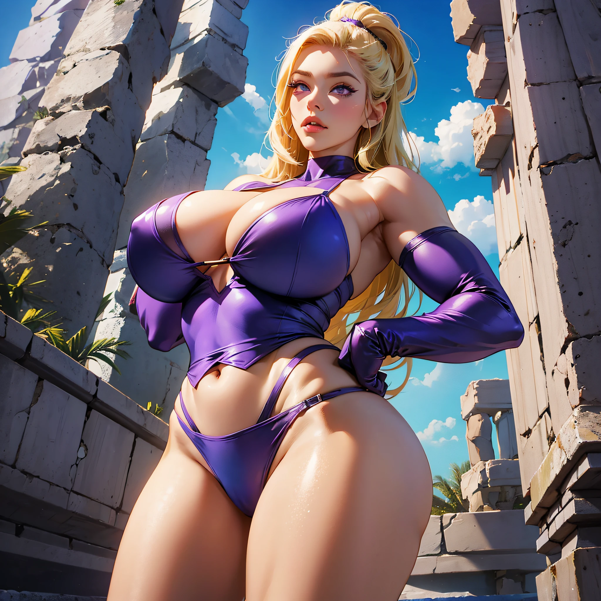 Two-dimensional style, bikini, blonde, purple eyes, big belly, abs, muscles, big breasts, huge breasts, big breasts, big breasts, giantess --auto --s2