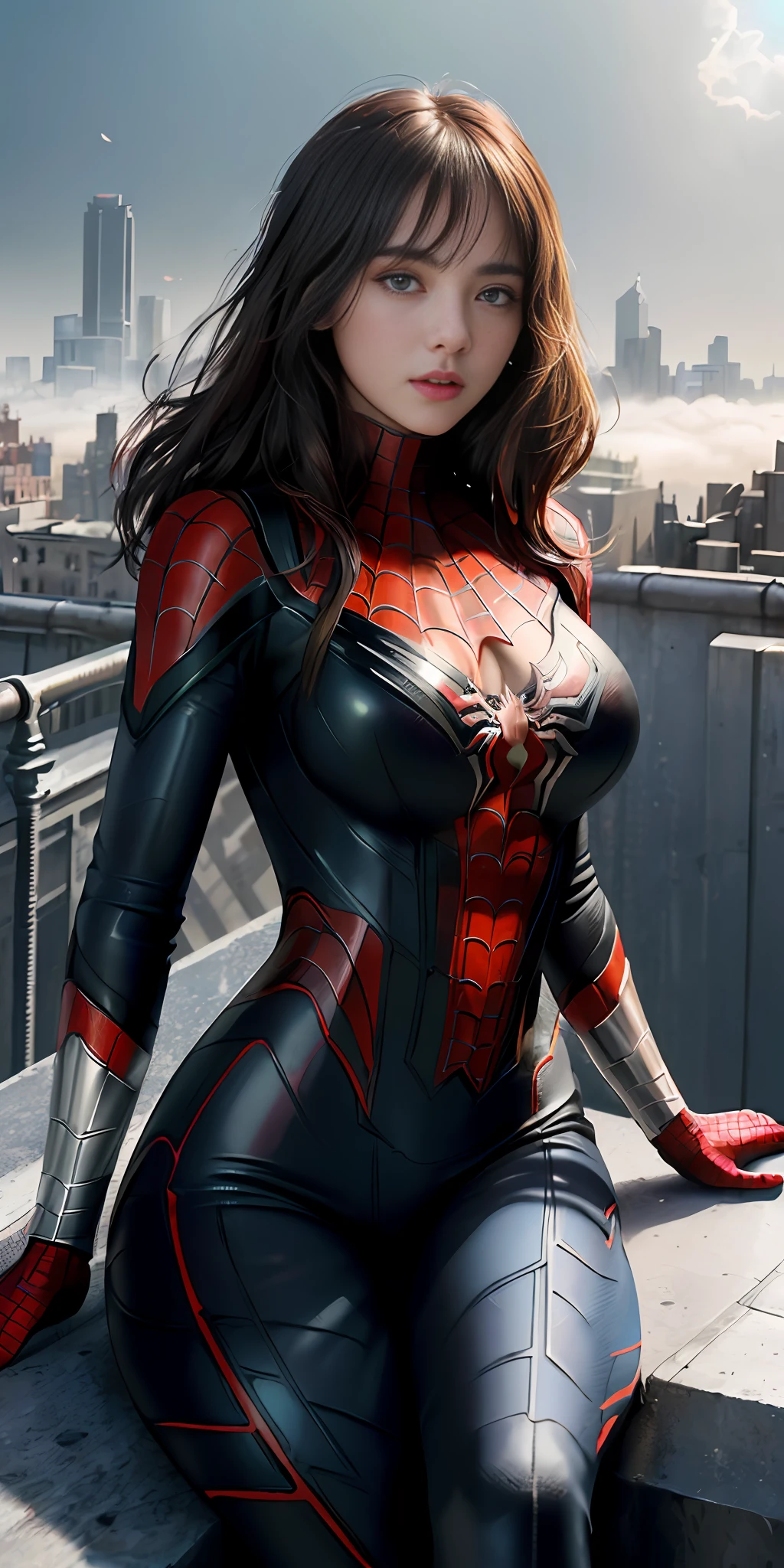 (1 girl:1.3), Solo, (((Highly detailed face)))), ((Highly detailed eyes and face)))), Beautiful detailed eyes, Body parts__, official art, unified 8k wallpaper, ultra detailed, beautiful and beautiful, beautiful, masterpiece, best quality, original, masterpiece, ultra fine photography, best quality, ultra high definition, realistic realism, sunlight, full body portrait, amazing beauty, Dynamic pose, delicate face, vivid eyes, (from the front), she is in a spider-man suit, red and black color scheme, spider, highly detailed city roof background, rooftop, overlooking the city, detailed face, detailed complex busy background, messy and gorgeous milky white, highly detailed skin, realistic skin details, visible pores, clear focus, volumetric fog, 8k UHD, DSLR, high quality, Film grain, fair skin, photorealism, lomography, futuristic dystopian megalopolis, translucent, huge breasts, cleavage, emphasis on cleavage, lower body red and black hot pants