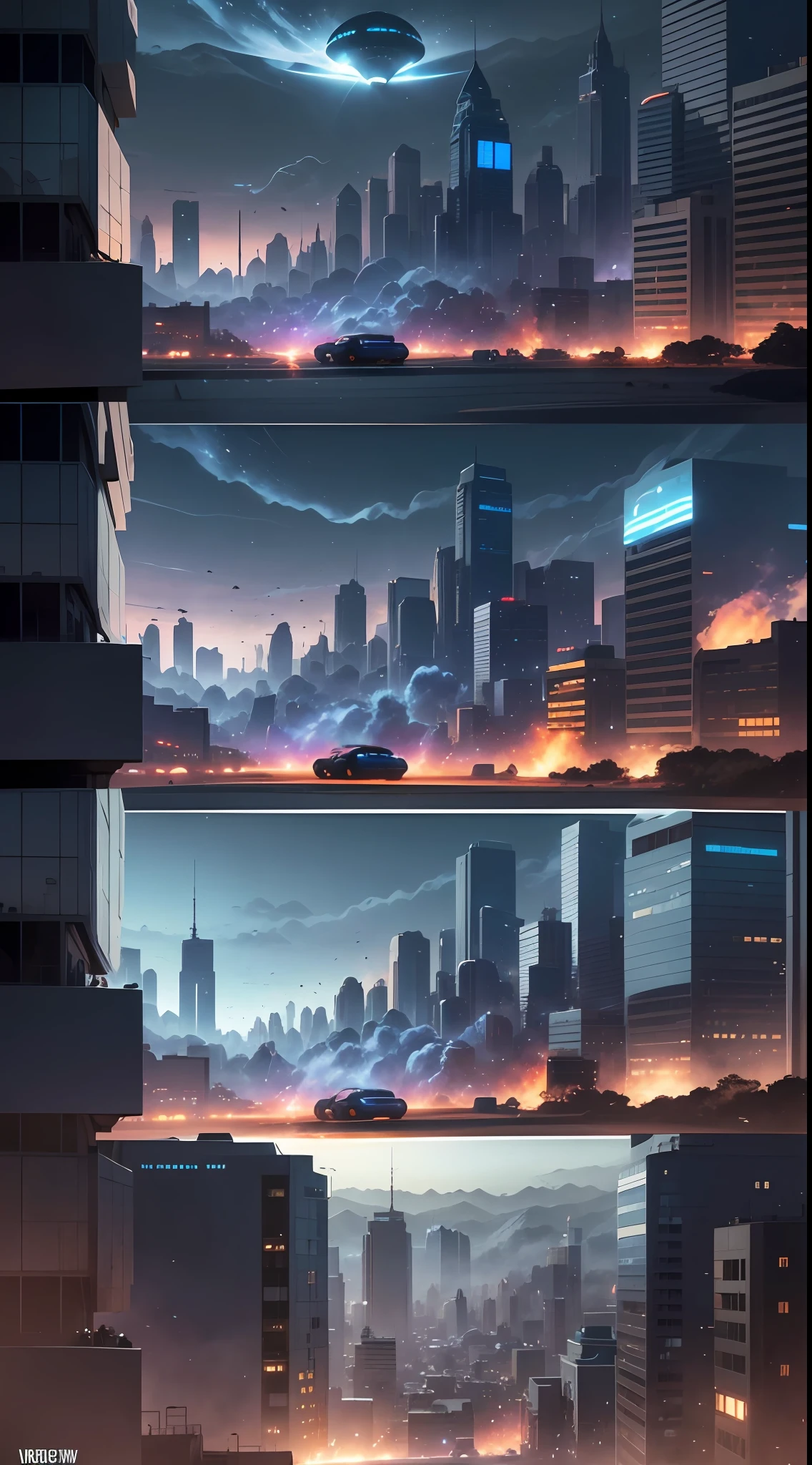 /imagine prompt: [Illustration storyboard] comic page, multiple images on one page: alien spaceship landing on Earth (vista), smoke and dust in the city (medium view), a group of people with weapons, fighting alien creatures (close-up) [multi-camera continuous shooting] cobalt blue and reflective silver, film P30, unequal slash composition, in the style of Greg Semkow