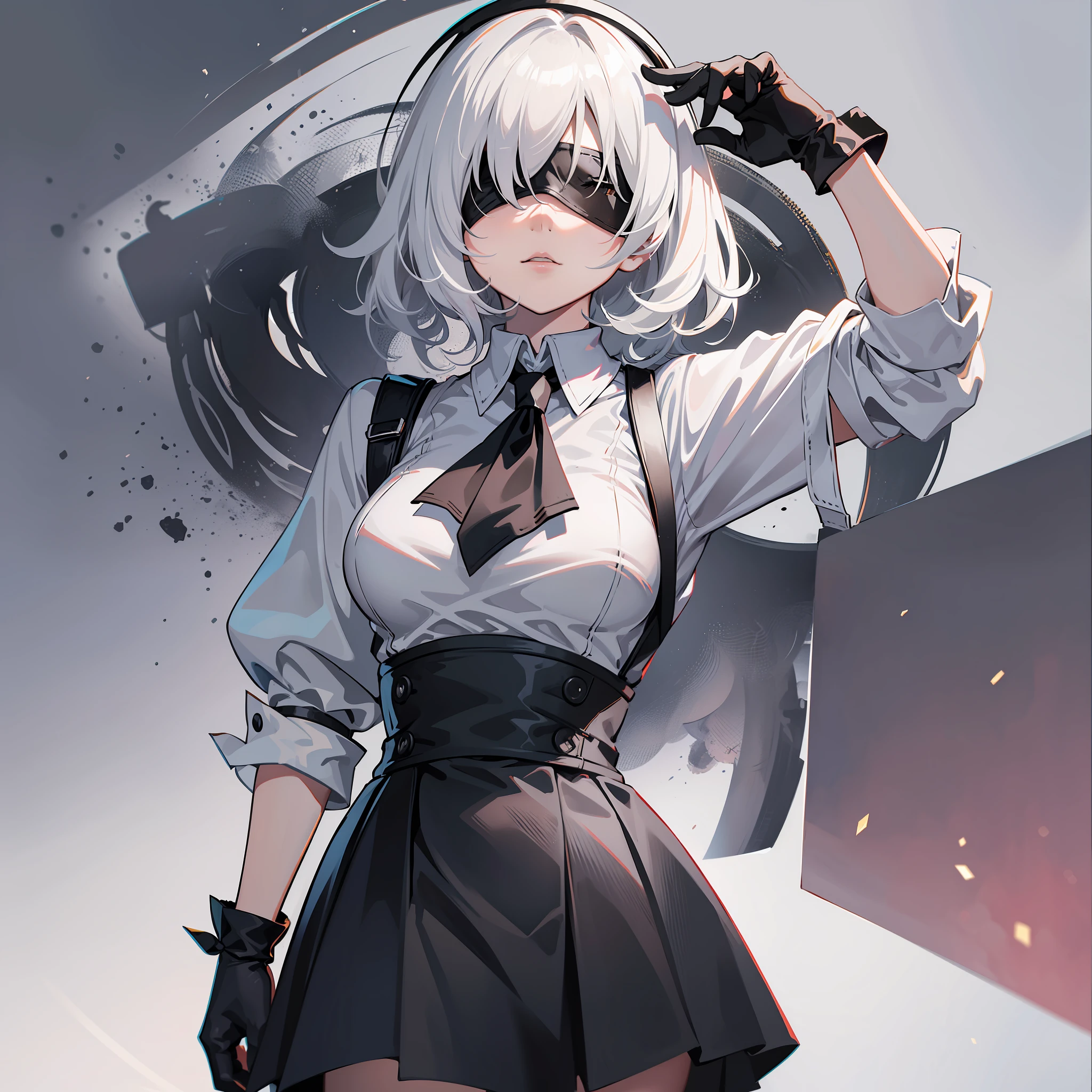 masterpiece, best quality, solo, (yorha no. 2 type b:1.14), (covered eyes:1.05), (portrait:1.1), (upper body:1.1), medium breasts, expressionless, 1girl, solo, (ruffling hair, messy hair:1.1), medium hair, white hair, makima \(chainsaw man\), best quality, ultra detailed, 1girl, solo, standing, medium hair, blunt bangs does not look at the viewer, blindfolded, white shirt, tie, long black skirt, black gloves