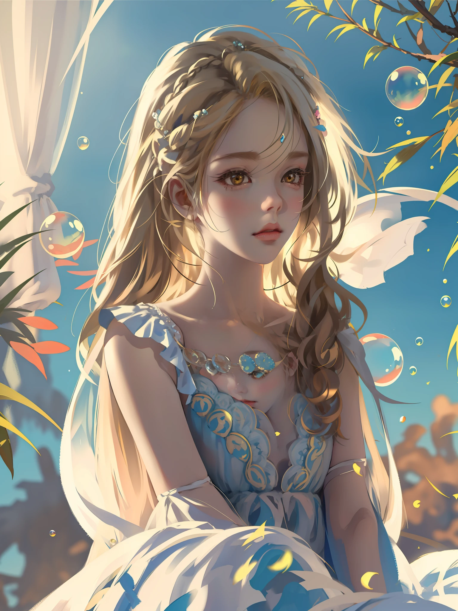 ((Masterpiece)), high quality, super detailed, blonde hair + white clothing: 1.2, sweet and delicate girl, bjd, lolita, delicate facial features, perfect figure, face with pearl decoration, surrounding bubbles, bright bright colors, romantic long hair, natural light, warm and sweet, brown eyes, gorgeous hair decoration.