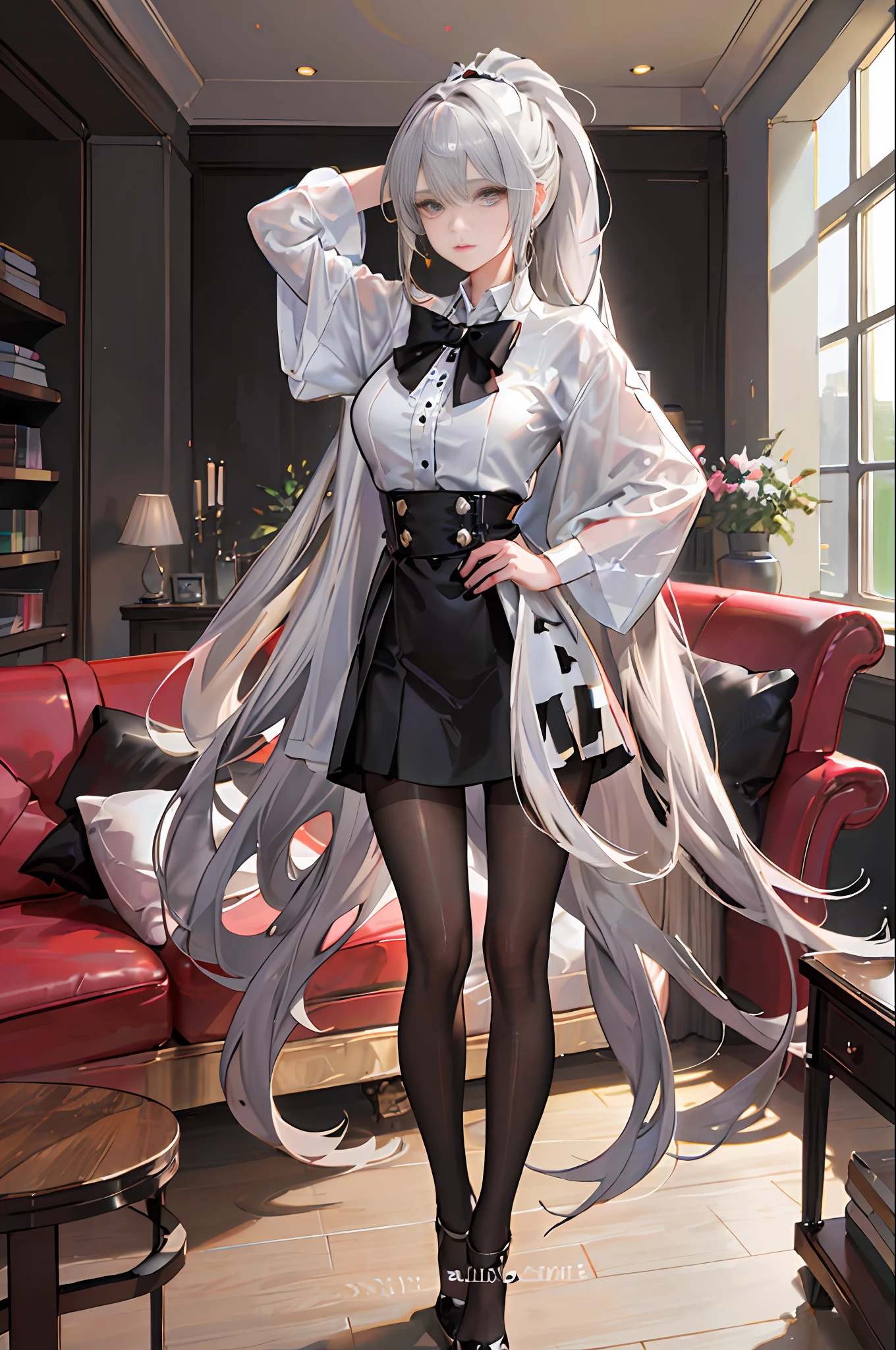 ((1 girl)),(high detailhyper quality,high resolution,),(Exquisite makeup),{dim light},(detailed background),(living room),((fluffy silver hair, busty slender girl with high ponytail)), avoid blonde eyes in the ominous living room, ((girl wears white shirt, black wrinkled skirt, with black sheer pantyhose))), {shows a slender figure and graceful curves}, (standing), (hands behind the head)), hands behind the head, (facial details)