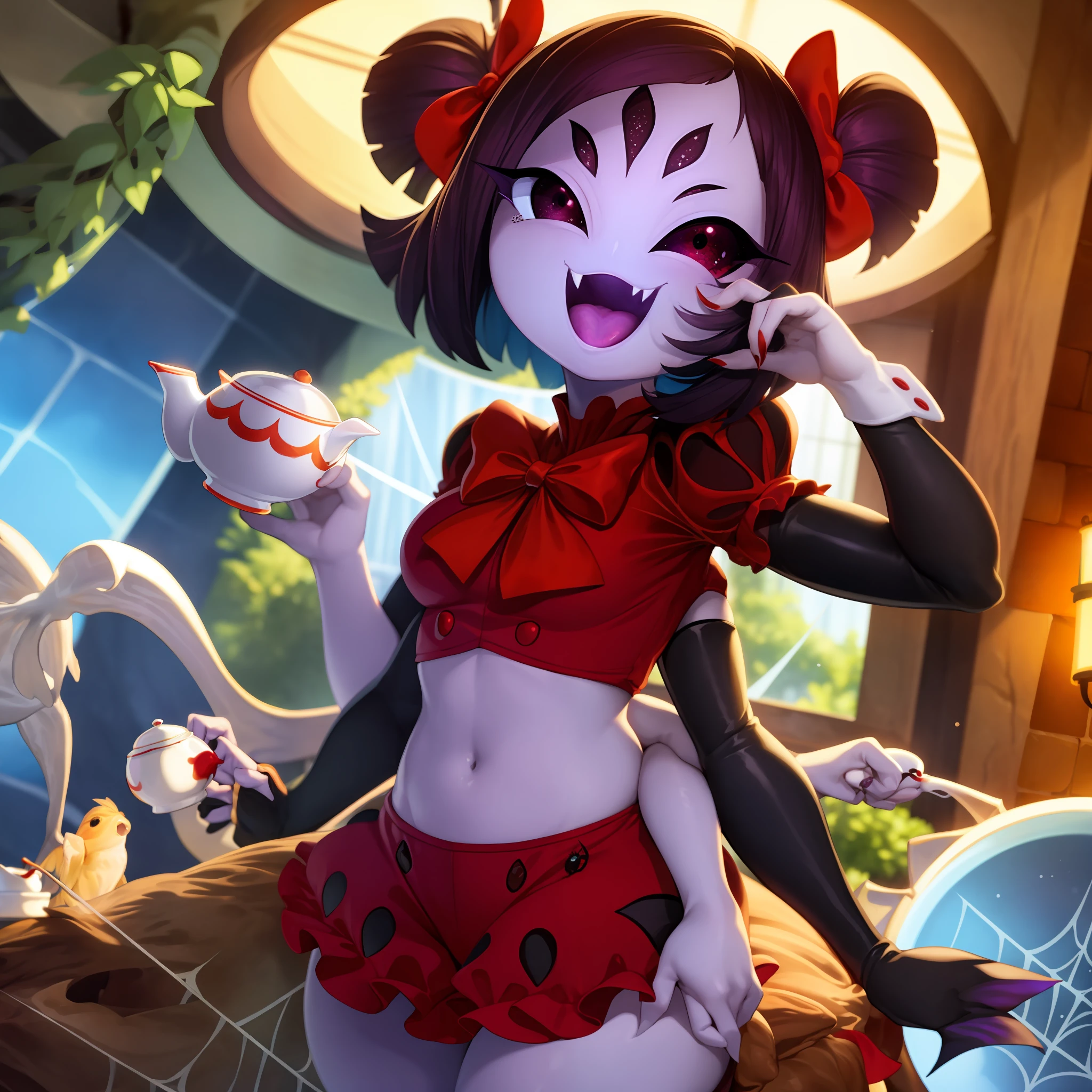 masterpiece, best quality, a beautiful and detailed portriat of muffet,(muffetwear), monster girl,((purple body:1.3)),humanoid, arachnid, anthro,((fangs)),pigtails,hair bows,5 eyes,spider girl,6 arms,solo,smile, clothed, open mouth, awesome and detailed background, holding teapot, holding teacup, 6 hands,detailed hands,((spider webs:1.4)), storefront that sells pastries and tea,bloomers,(red and black clothing),inside,pouring into teacup,wide angle lens, ((fish eye effect)) ,armwear, thick_thighs, spread legs, knees,