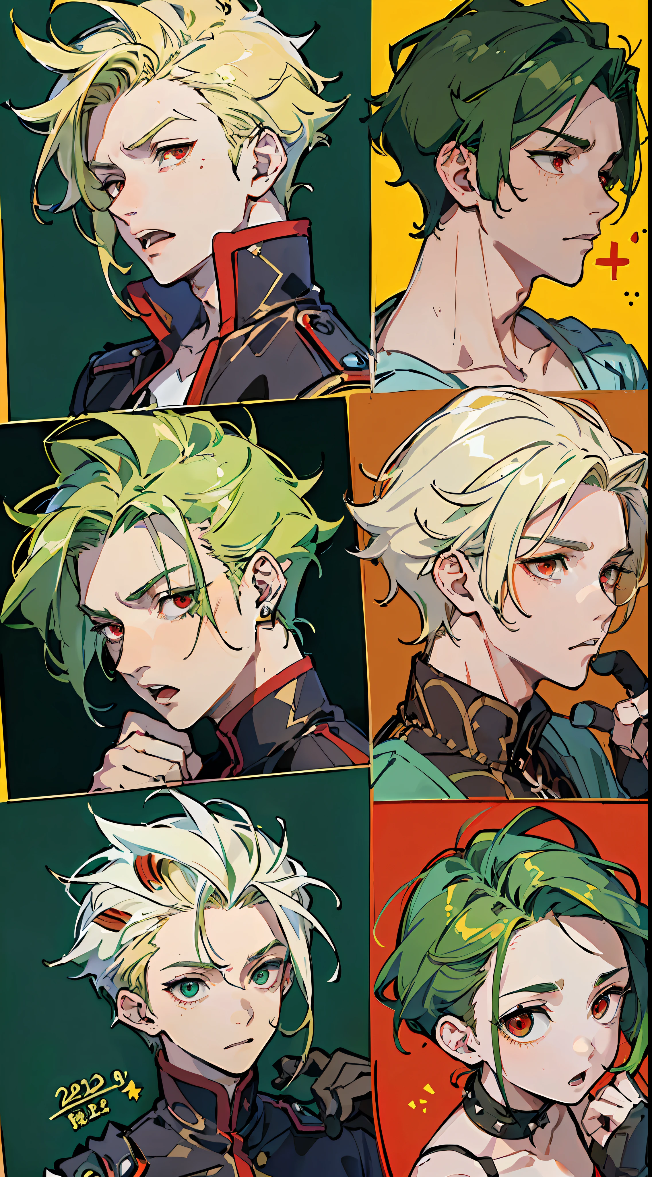 (Masterpiece: 1.4, Best Quality), (((Masterpiece, Best Quality)), two boys, (Green Hair and Big Eyes Cute Boy: 1.2), (Blonde Spiked Hair and Red Eyes Good Looking Boy: 1.2), yawning on the bed