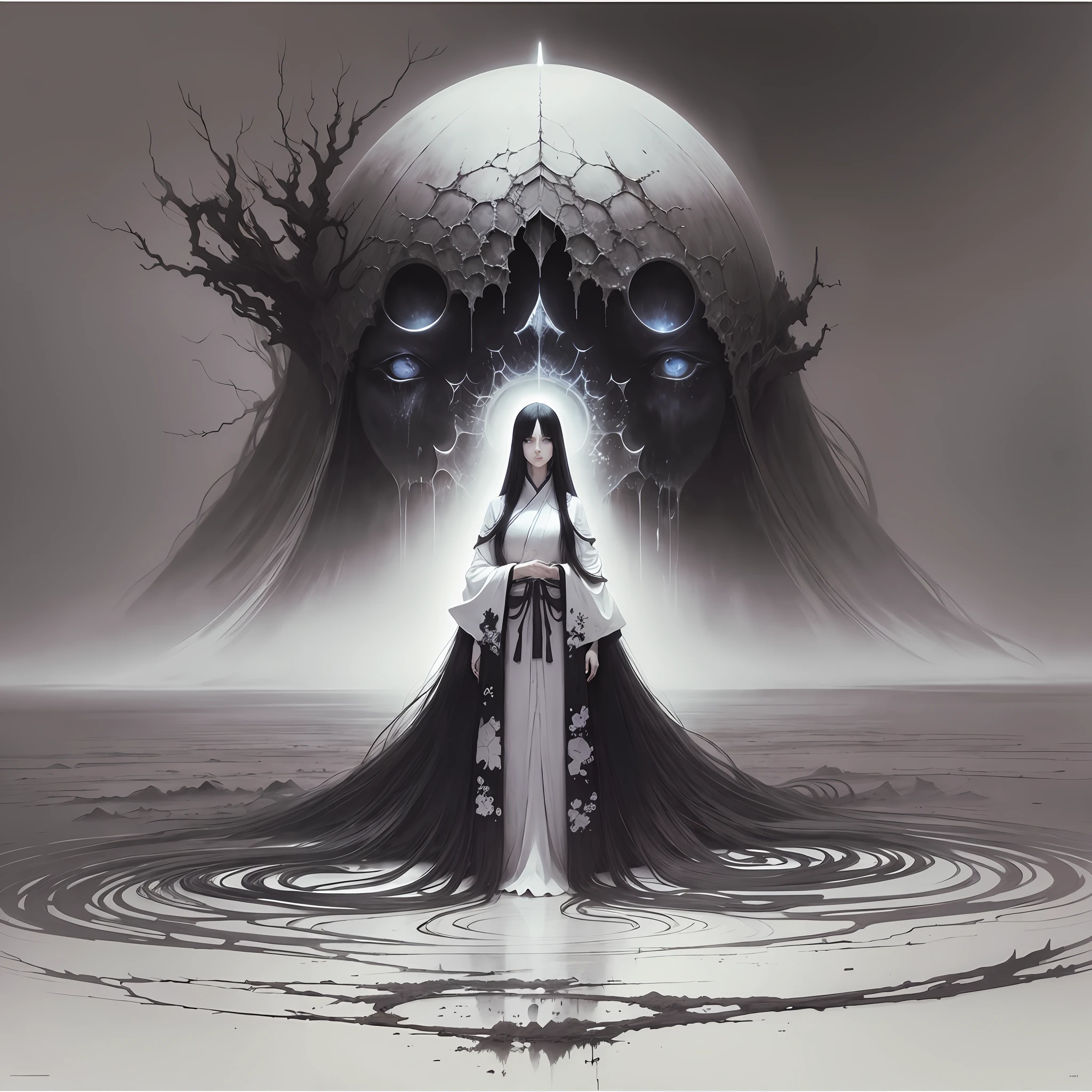 Zdzislaw Beksinski A white kimono ultra long black hair white eye goast lady stand alone in a desolate landscape, surrounded by an endless void of darkness,full BODY --auto --s2