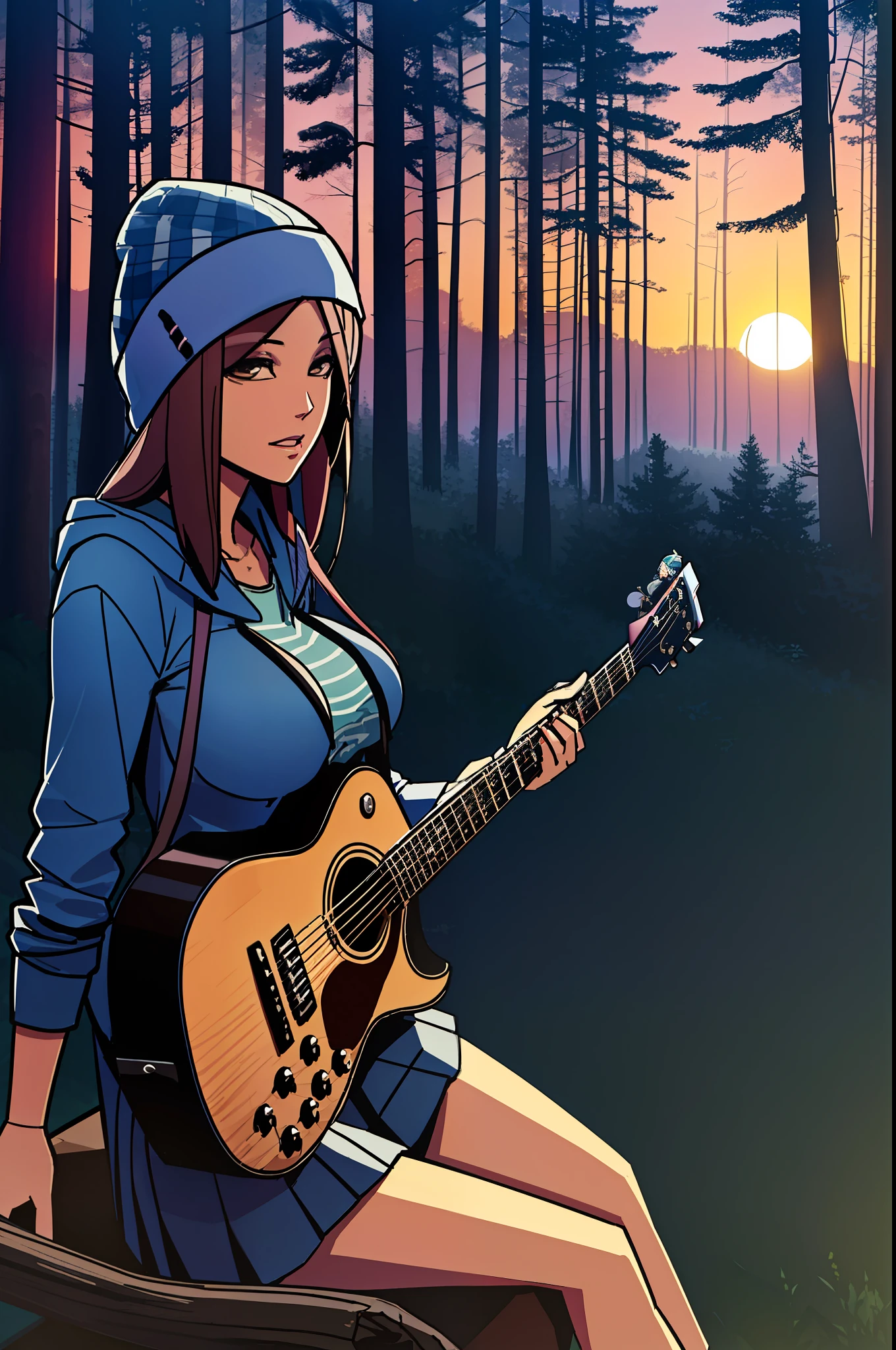 balsamique, masterpiece, best quality, 1girl, breasts, solo, dyed blue hair, brown hair, beanie, hoodie, stripped t-shirt, huge tits, guitar, sitting on log, pleated skirt, forest path, sunset, trees, playing guitar, singing, crossed legs, open zipper