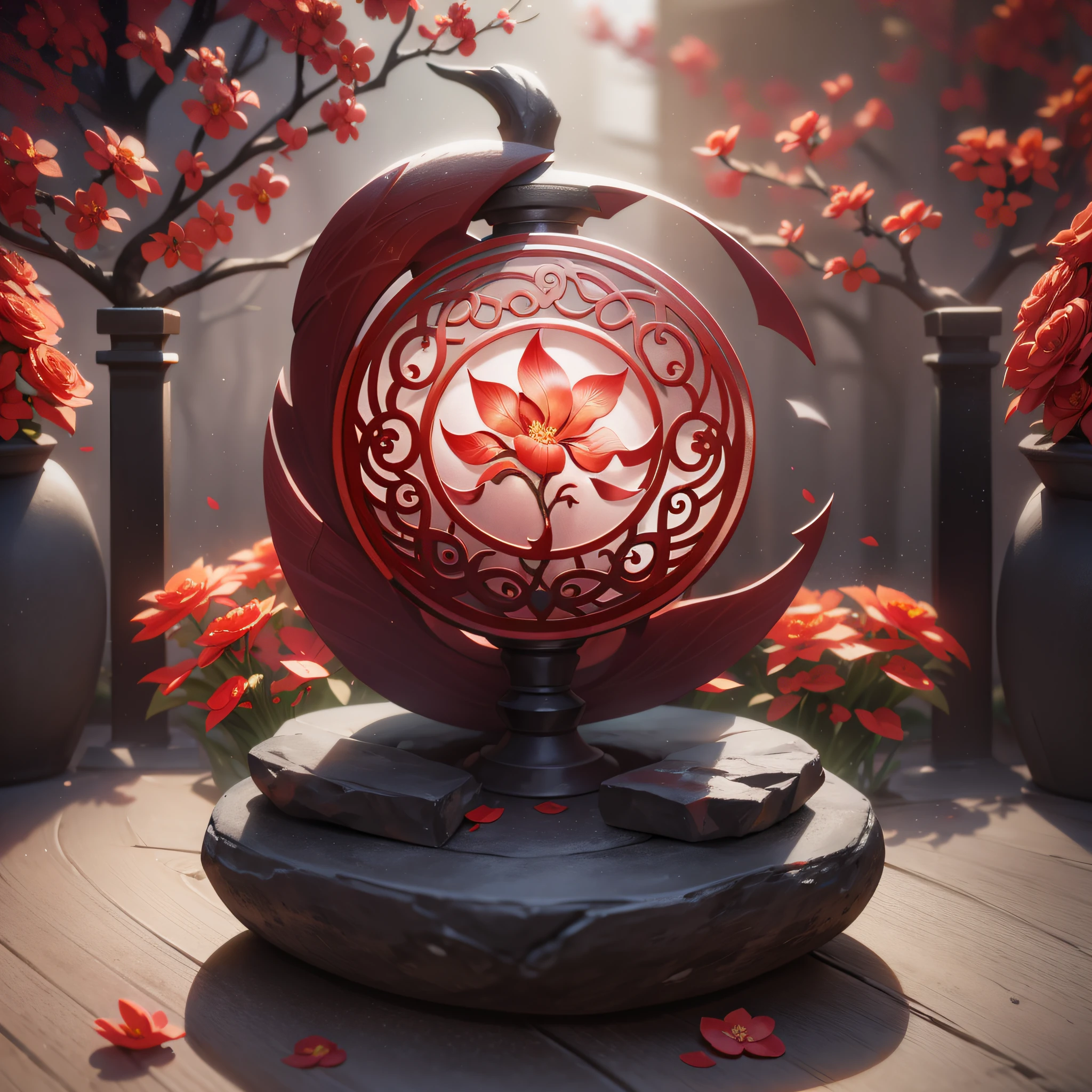 A luminous rune carved on a stone tablet, surrounded by red flowers, Chinese New Year atmosphere, Chinese red, intricately gorgeous anime CGI style, 4 K detail fantasy, high-detail iconic characters, beautiful biomechanics, complex fantasy characters, high detail and very sharp, intricate artwork. Octane rendering, 3 D rendering character art 8 K