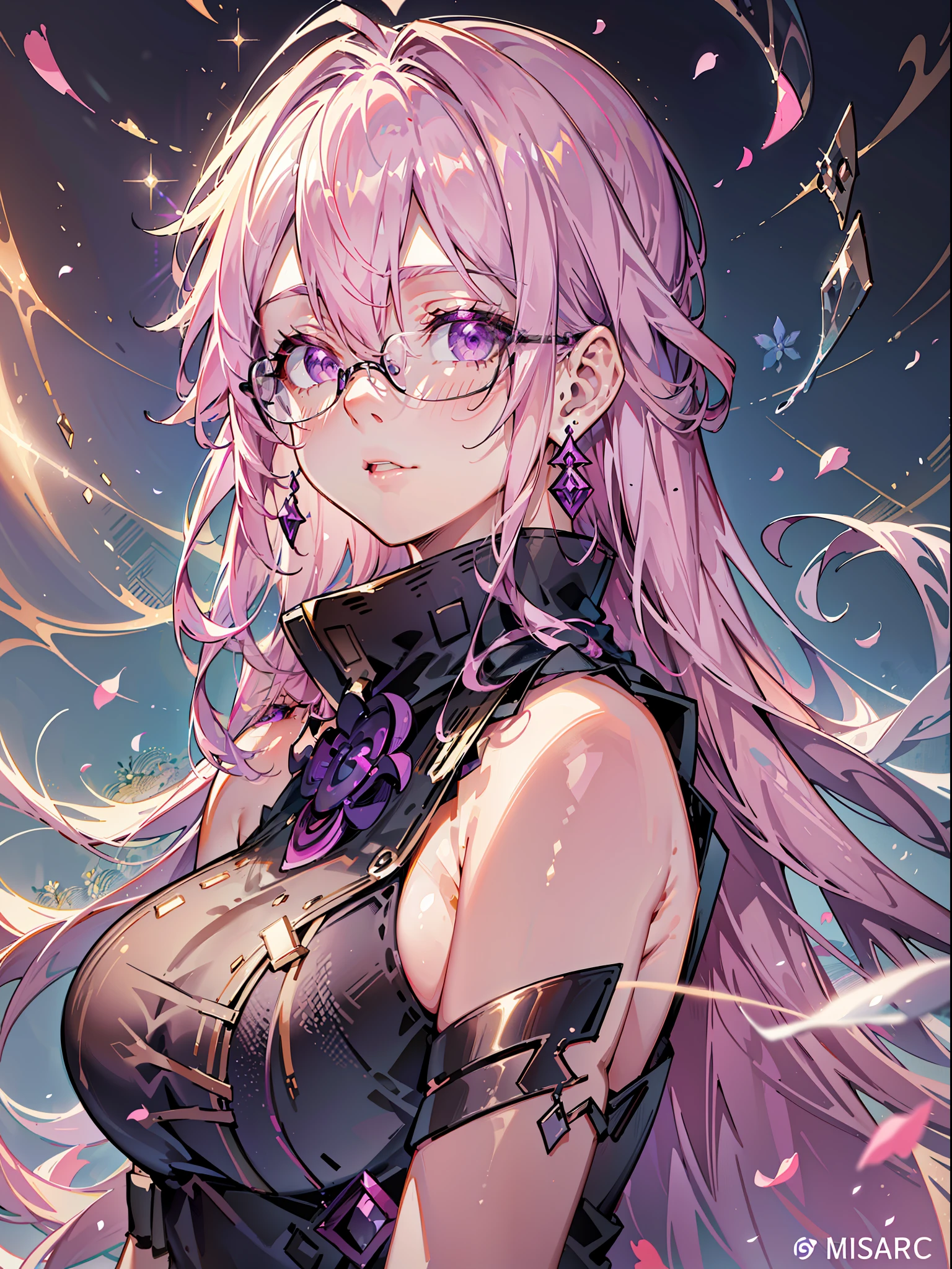 Text Mex Burrito Style, (masterpiece, best quality, ultra-detailed, highres, best illustration),perfect face, ((solo, solo focus)),sidelighting,, epic, illustration, render, volumetric lighting, welcoming, see-through gossamer, in Japan,lustrous skin,(bloom), (shine), 1girl, solo, long hair, looking at viewer, simple background, bare shoulders, jewelry, purple eyes, upper body, pink hair, earrings, glasses, sleeveless, lips, turtleneck, black background, portrait, round eyewear, specular highlights,
