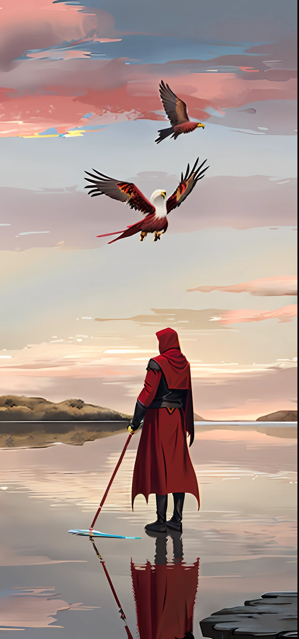 1 man and 1 woman, painting of a red kite flying in the air over a body of water, scythe, long torn red cape, a red cape, with a red halo over her head, dressed in a beautiful red cloak, devotion to the scarlet man, red cloak, bastien lecouffe - deharme, reminded me of the grim reaper