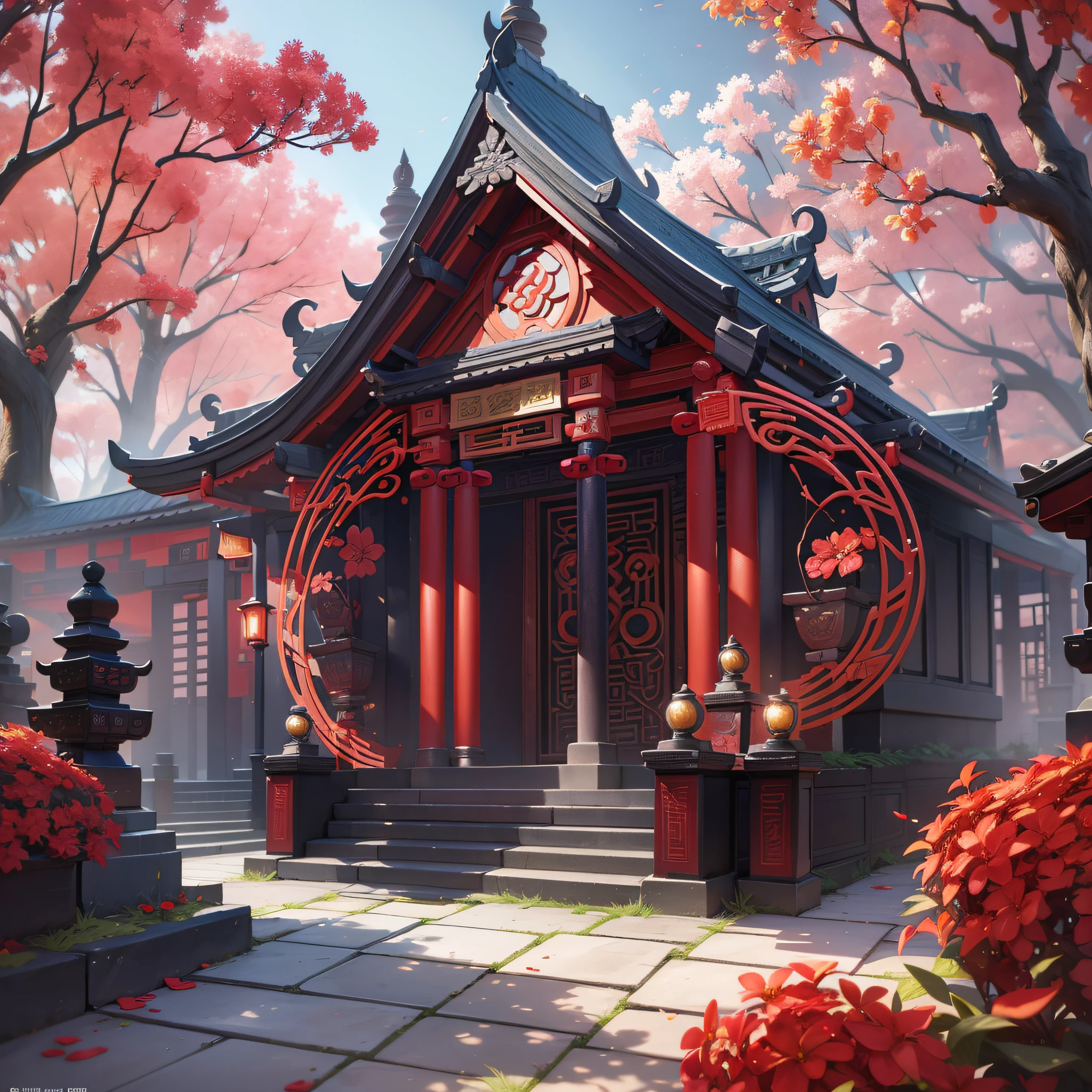 A luminous rune carved on a stone tablet, surrounded by red flowers, Chinese New Year atmosphere, Chinese red, intricately gorgeous anime CGI style, 4 K detail fantasy, high-detail iconic characters, beautiful biomechanics, complex fantasy characters, high detail and very sharp, intricate artwork. Octane rendering, 3 D rendering character art 8 K