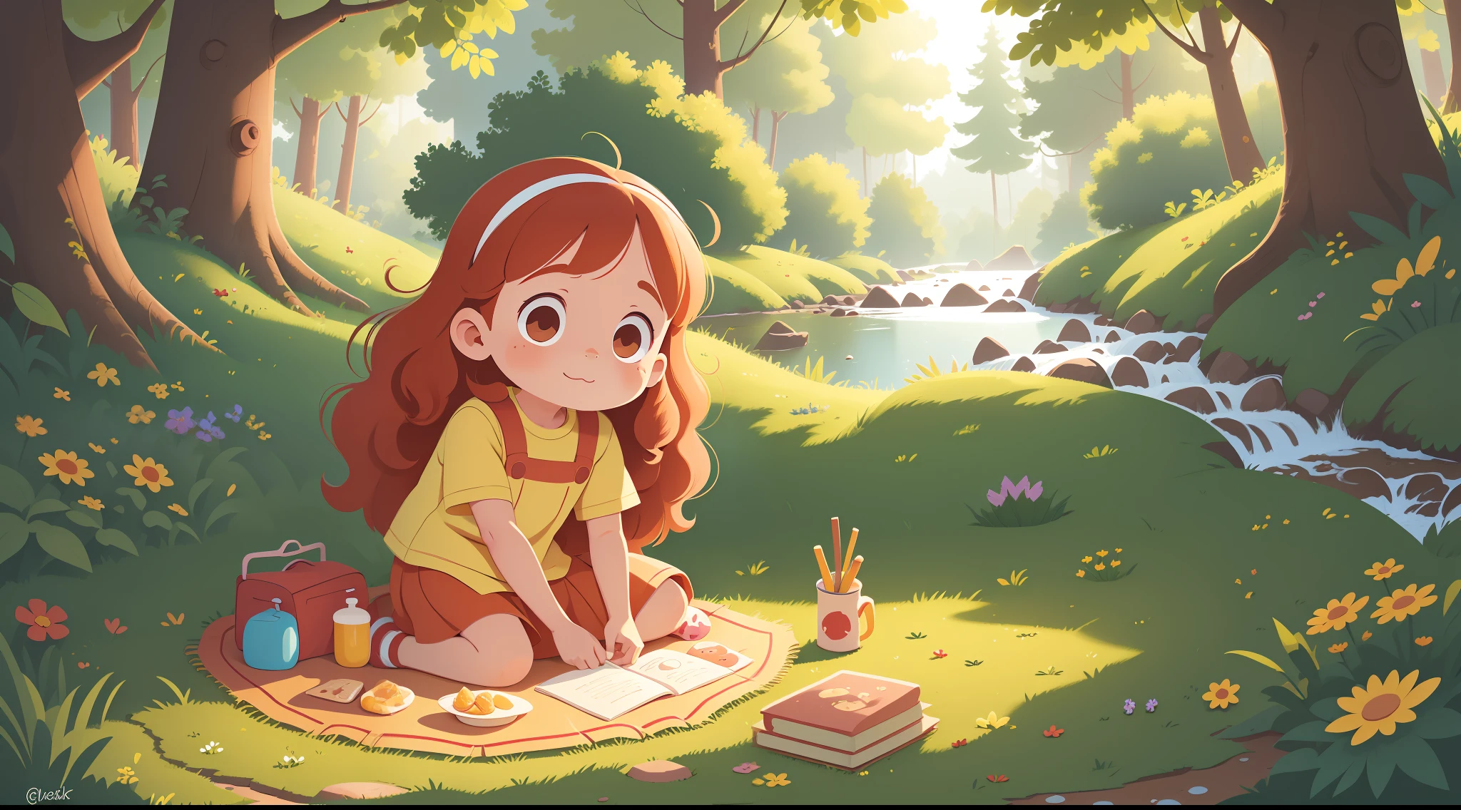 A cute  4 year o Long red hair, Yellow dress, Freckles on the face, Disney costumes, Sunny morning, Sit on the meadows of the forest for a picnic, There was a lot of food on the tablecloth, There is a small river next to it. Children's book illustration style, Children's illustration style, flattened, No contours, children&#39;s picture book, flattened, flattened, Absurdly long hair, curls, Ultra-Wide Angle