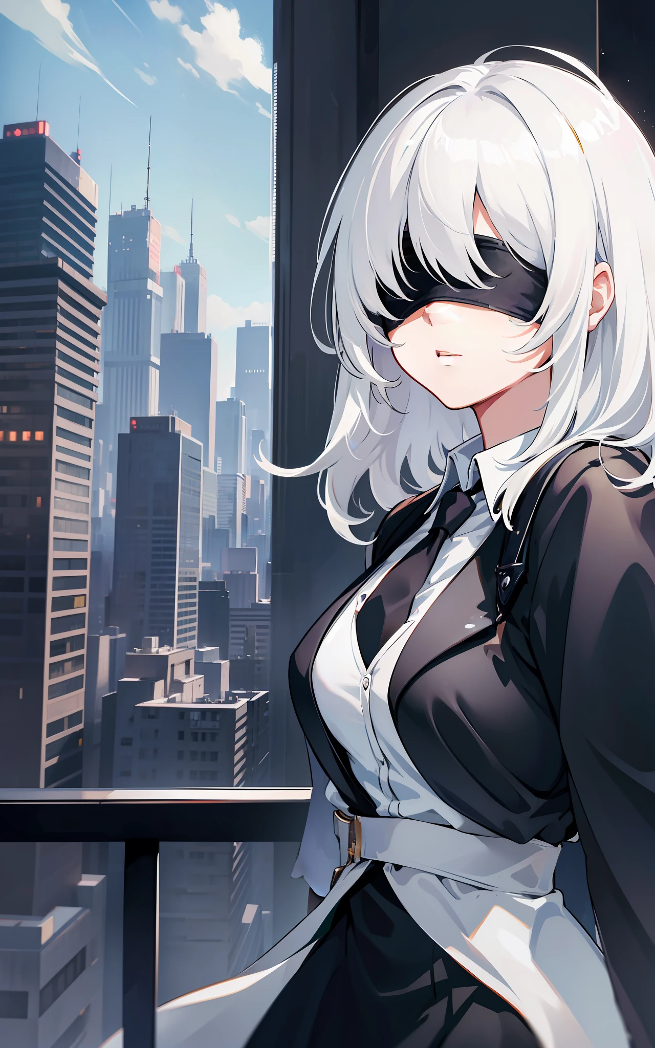 masterpiece, best quality, solo, (yorha no. 2 type b:1.14), (covered eyes:1.05), (portrait:1.1), (upper body:1.1), medium breasts, expressionless, 1girl, solo, (ruffling hair, messy hair:1.1), medium hair, white hair, city background, best quality, ultra detailed, 1girl, solo, standing, medium hair, blunt bangs does not look at the viewer, blindfolded, white shirt, tie,  long black skirt, black gloves