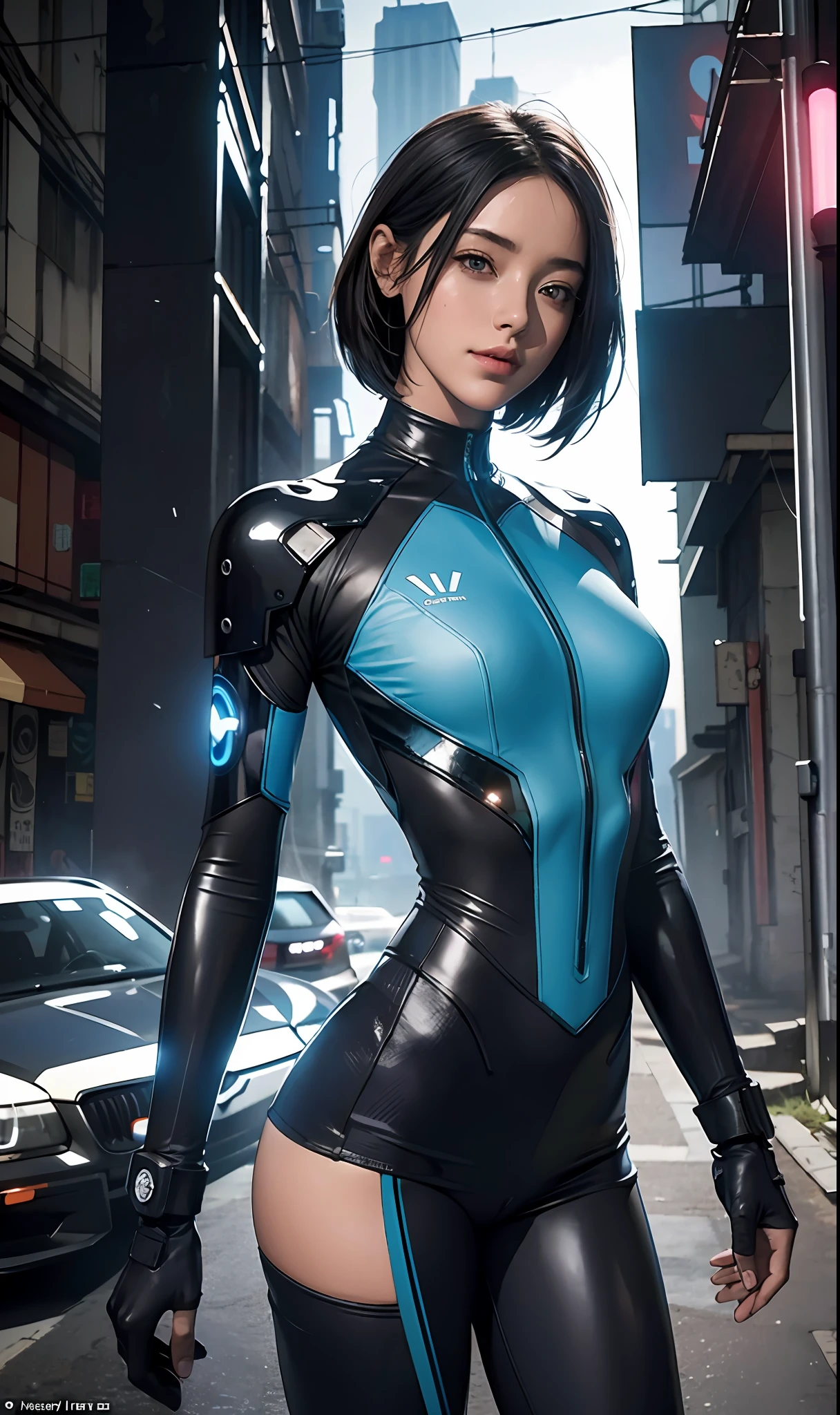 (Masterpiece: 1.21), (Best Quality), Highly Detailed, Ultra Detailed, 1 Short Hair Girl, (Glow Eyes: Blue, Black Tight Suit : 1.2, Elongated Ears: 0.8), (Cyberpunk: 1.2, Lightsaber Handheld: 1.2), (Fantasy Landscape: 1.2, Natural Daylight: 1.5, Confident Expression), (Panorama: 1.2), Smile, Angle, Alita, Cyberpunk Ruins in the background