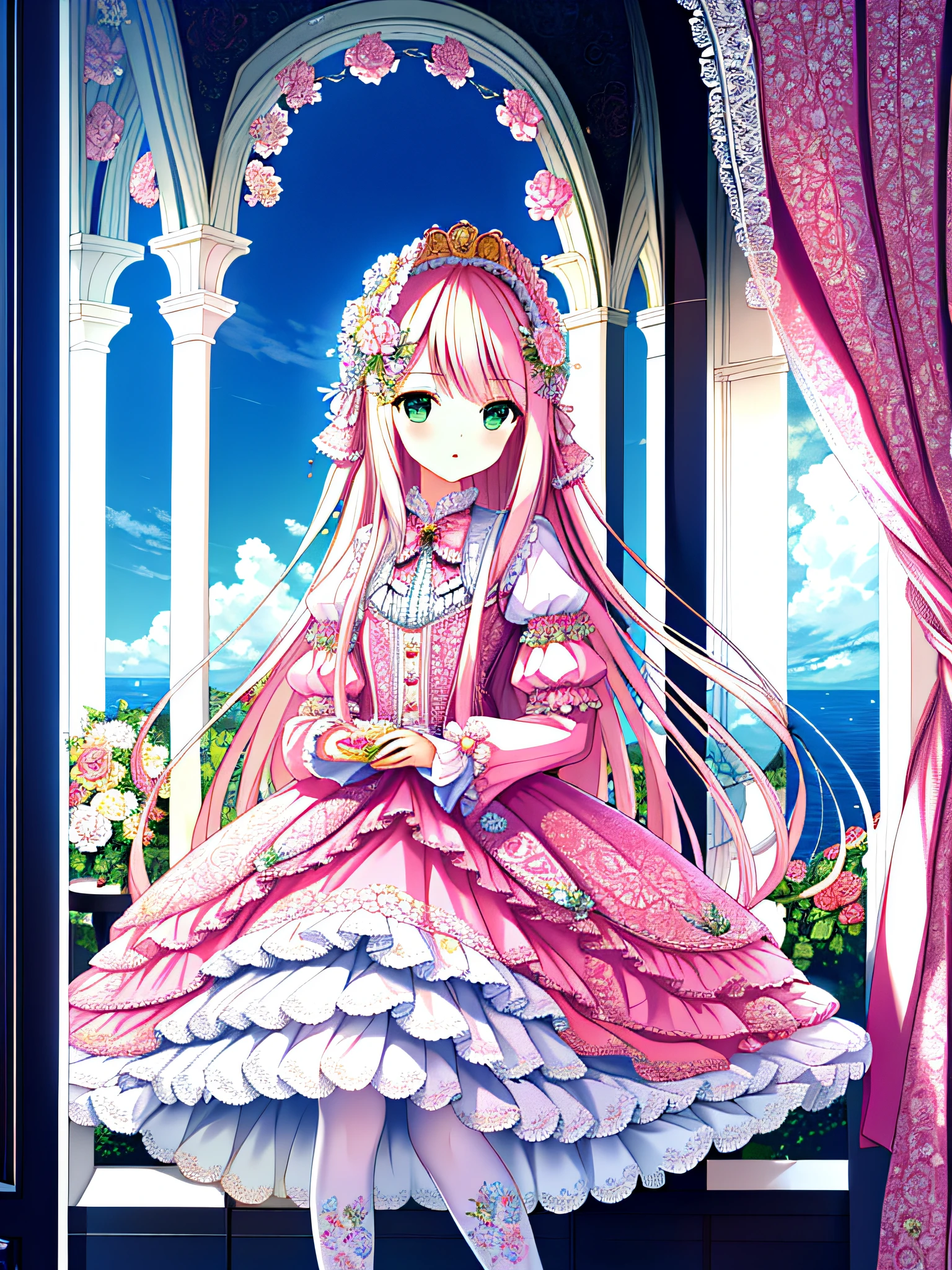 ((masterpiece)),((best quality)),(ultra-detailed),(illustration),((an extremely delicate and beautiful)),(dynamic angle),
1girl, flowers, spring, beside window, rose, very long hair, detailed face, long eyelashes, flower in eye, frilled sleeves, corset, tiara, princess,
green eyes, wide-eyed, clear sky, daylight, sunny, pink and white dress, flowers, hair ornament, white lace-trimmed legwear, pink hair, hair flower, patterned clothing, floral print, candy patterned dress, (lo sweet:1.4),