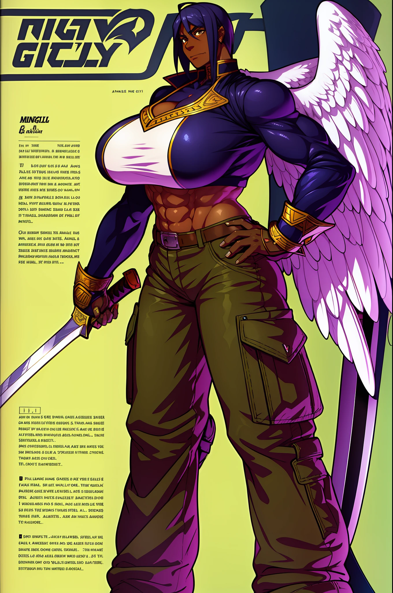 muscle girl,huge breast, angel girl, tall female, ,pants, solo focus, 1character, portrait full body, dark skinned female, palladin armor, sword holding, knight, vest, coat, walking