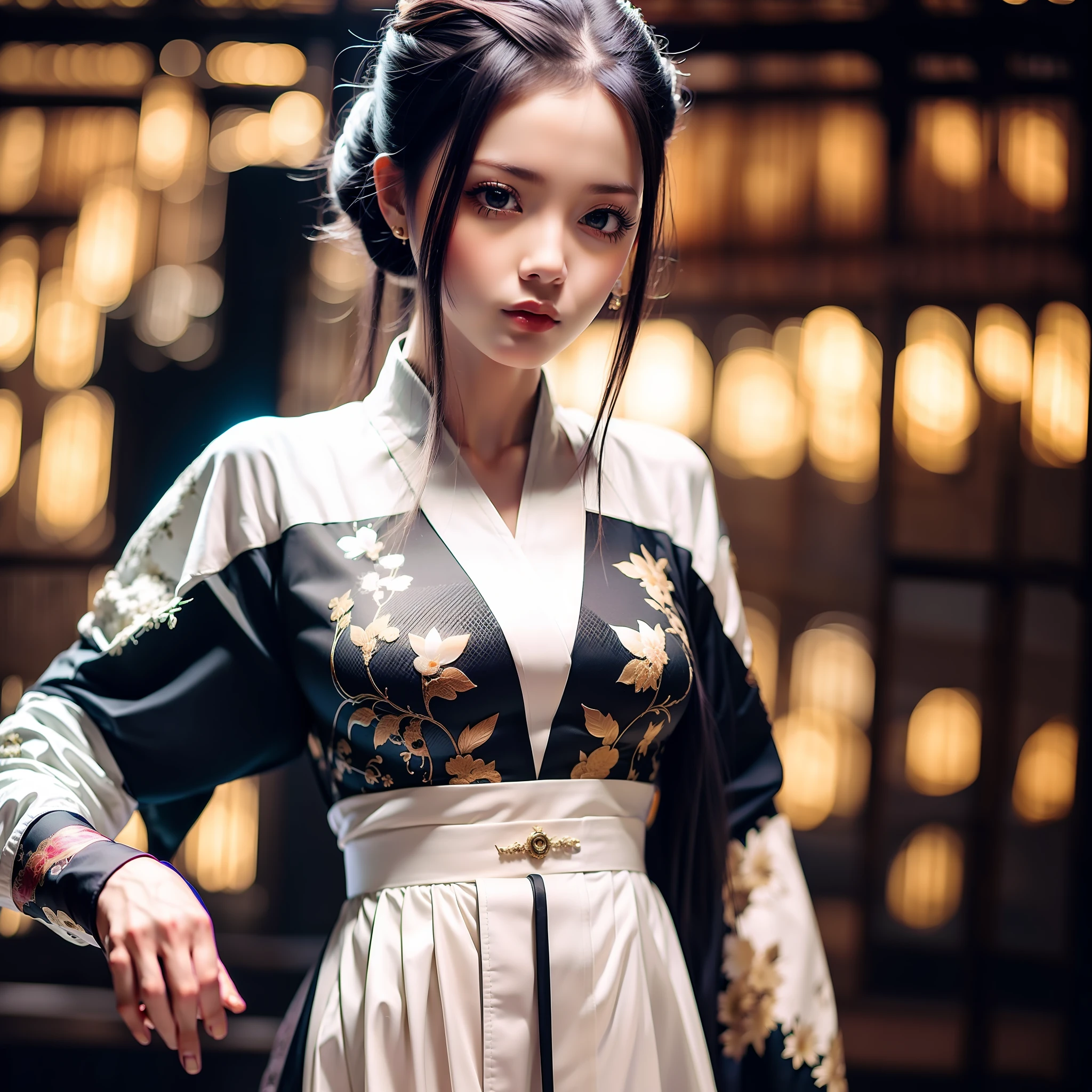 1girl, graceful, beautiful face, charming eyes, black hair, (conservative clothing), long-sleeved shirt, long pants, elegant, (masterpiece:1.2), best quality, masterpiece, hires, original, extremely detailed wallpaper, perfect lighting, (realism: 1.4), professional photography, deep invisibility, high shadow symmetry,