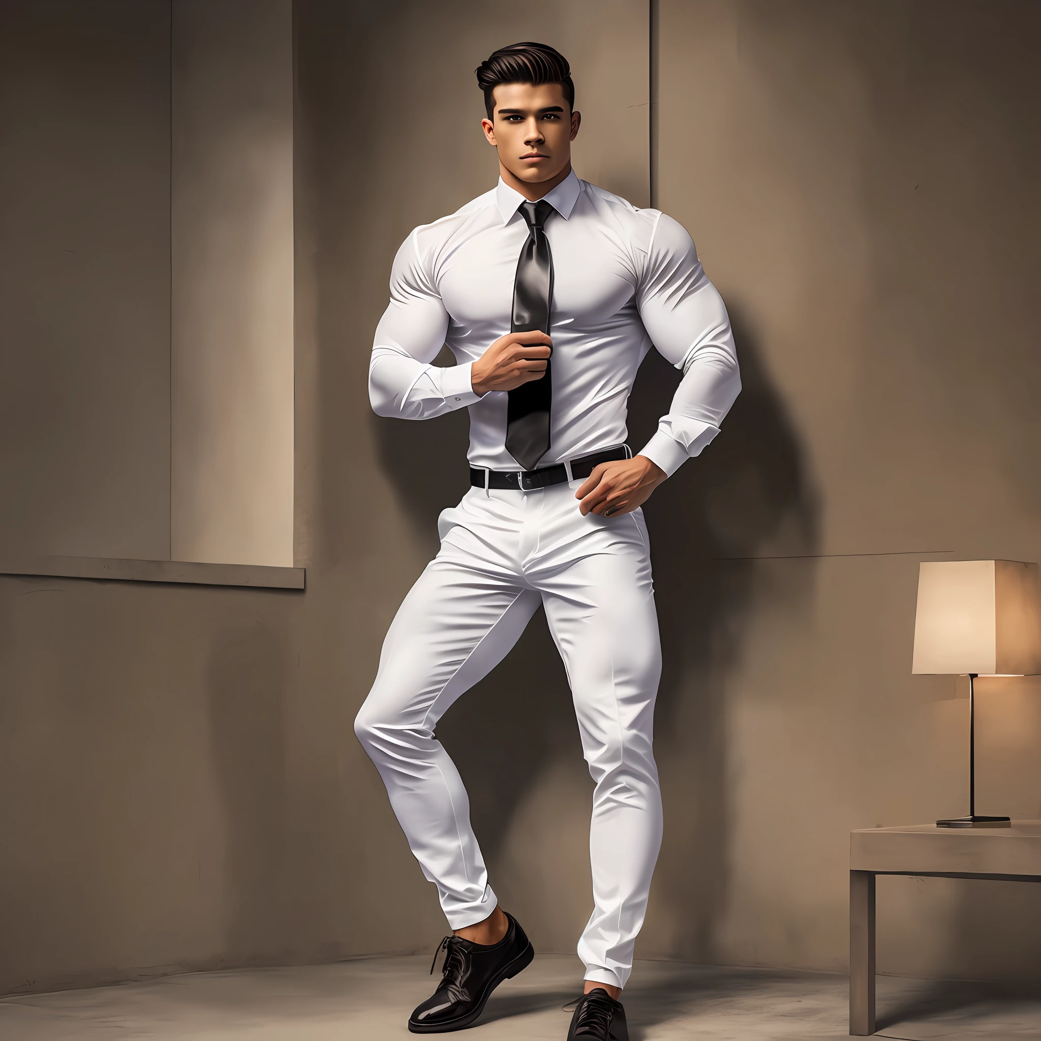1man, a 23 year old bodybuilder male (super buff and cool) wearing long-sleeve white shirt and tie, wearing leather shoes, full body, soft lighting, masterpiece, best quality, 8k uhd, dslr, film grain, Fujifilm XT3 photorealistic painting art by midjourney and greg rutkowski