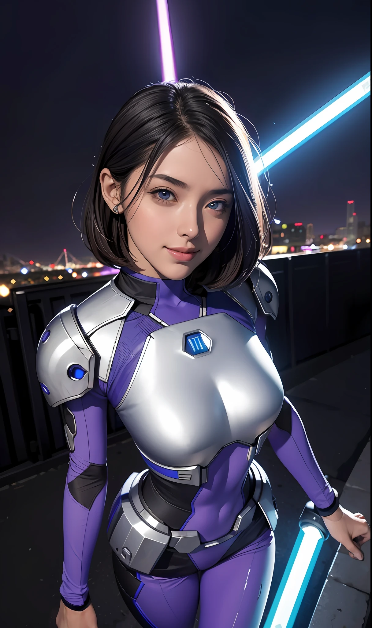 (Masterpiece: 1.21), (Best Quality), Highly Detailed, Ultra Detailed, 1 Short Hair Girl, (Glowing Eyes: Blue, Dark Purple Battle Suit: 1.2, Elongated Ears: 0.8), (Cyberpunk: 1.2, Lightsaber Handheld: 1.2), (Fantasy Landscape: 1.2, Natural Daylight: 1.5, Confident Emoji), (Panorama: 1.2), Smile, Angle, Alita, Sky City in the background