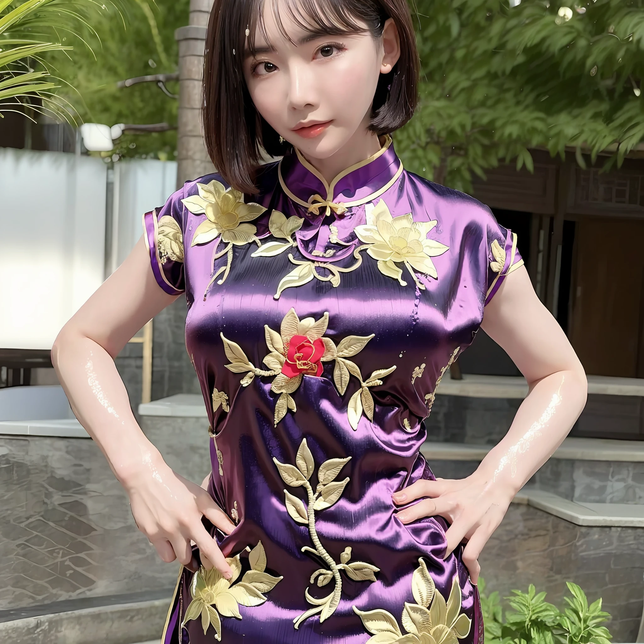 Best quality, best image quality, highest resolution, super detail, china clothes, cheongsam and cheongsam material is satin, shiny, soft and smooth to the touch, no underwear is worn, Chest is C cup, full body shooting so that the face can be entered, subject alone, taken outdoors, soaking wet, sweaty,