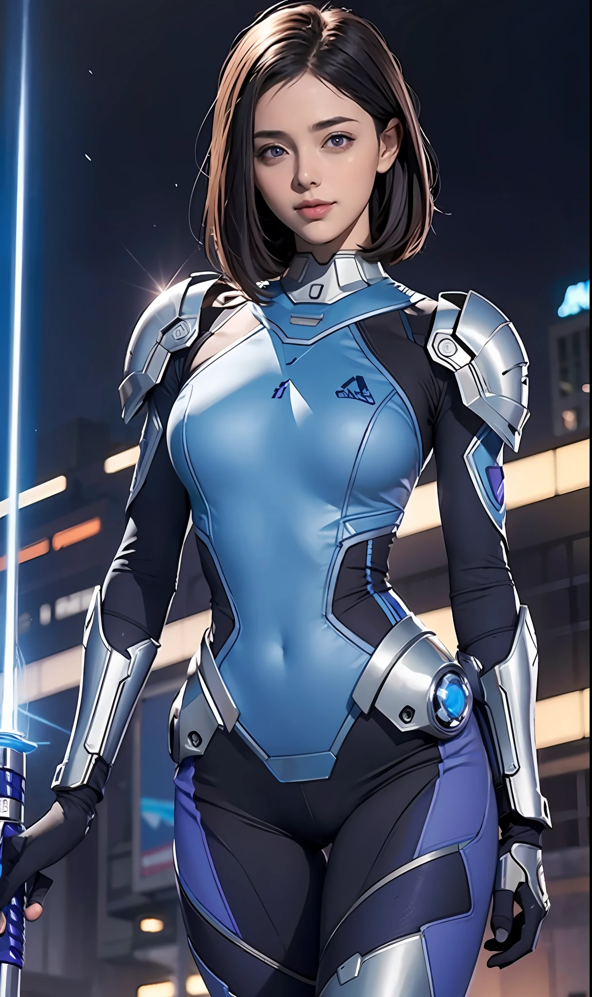 (Masterpiece: 1.21), (Best Quality), Highly Detailed, Ultra Detailed, 1 Short Hair Girl, (Glowing Eyes: Blue, Purple Battle Suit: 1.2, Elongated Ears: 0.8), (Cyberpunk: 1.2, Lightsaber Handheld: 1.1), (Fantasy Landscape: 1.2, Natural Daylight: 1.5, Confident Emoji), (Panorama: 1.2), Mecha, Smile, Angle, Alita