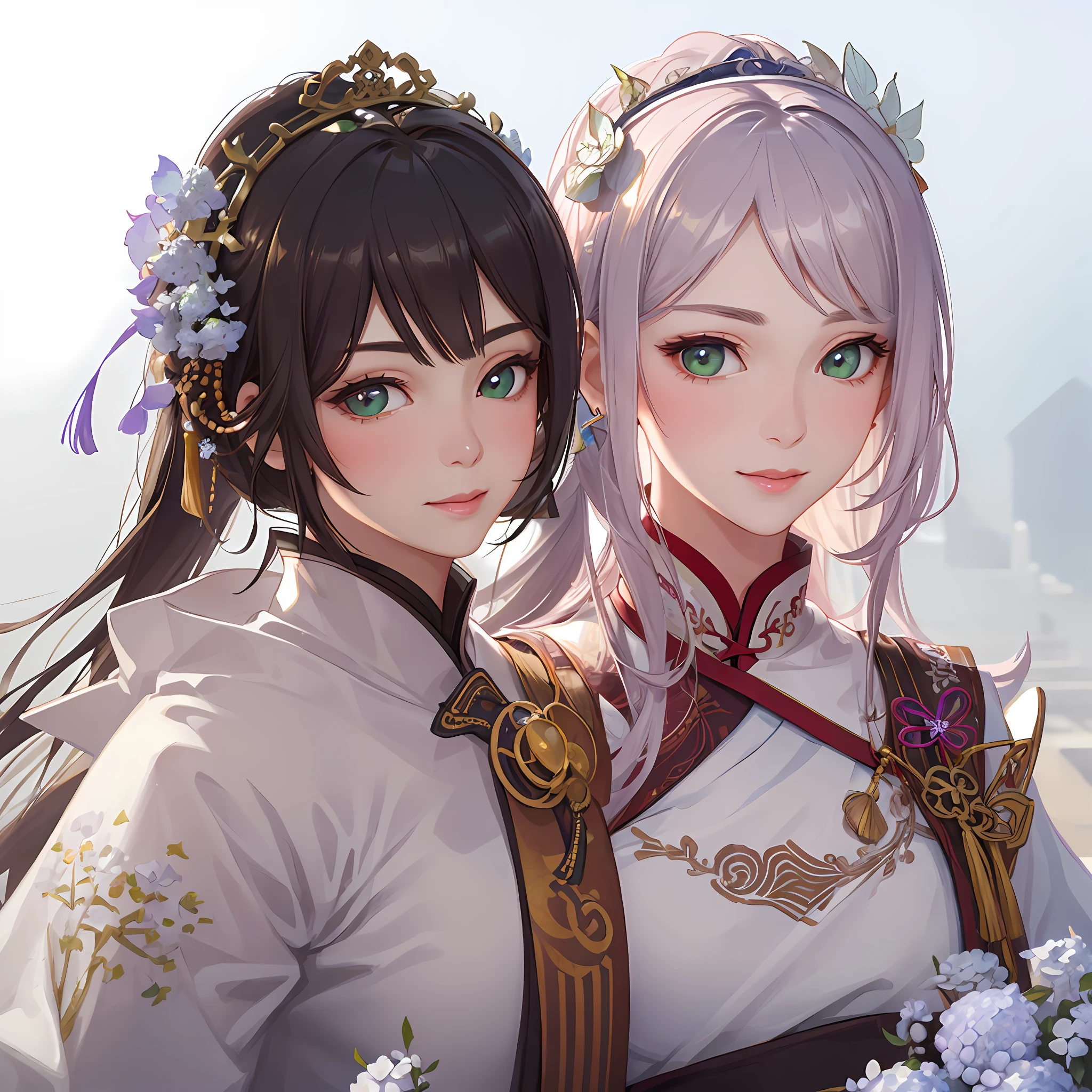 (photorealistic:1.4), (masterpiece, sidelighting, finely detailed beautiful eyes: 1.2), portrait, realistic,full body,(2 girls,duo),Chinese style, ancient China, smile, dark hair, princess cut,coiled hair, light pink lips, 3d face,lustrous skin,green eyes, hairpin,(hydrangea:1.2), fine face, facial close-up,ancient Chinese clothes,(Embroidery), cape,Beautiful face,photorealistic, rim lighting,(high detailed skin:1.2), high resolution,