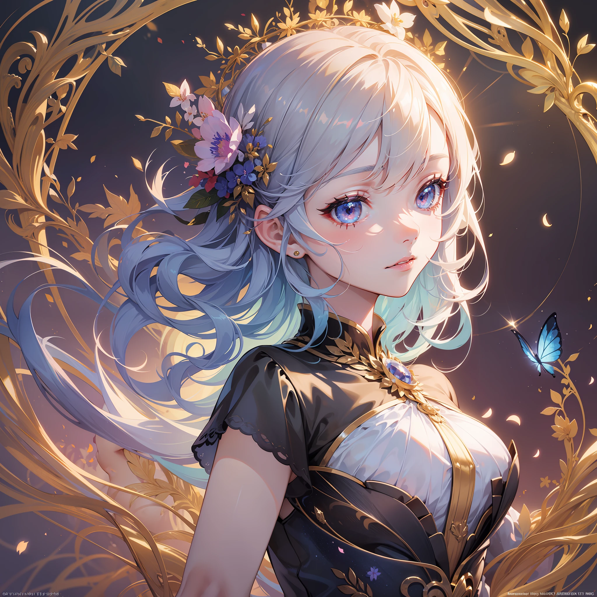 Masterpiece, top quality, official art, highly detailed CG Unity 8K wallpaper, very delicate and beautiful, ultra high resolution, (photorealistic: 1.4), golden hour lighting, (upper body), vampire, blue petals fluttering, kaleidoscope, illuminated by lights, turn around to look at camera, fantastic, torn dress
