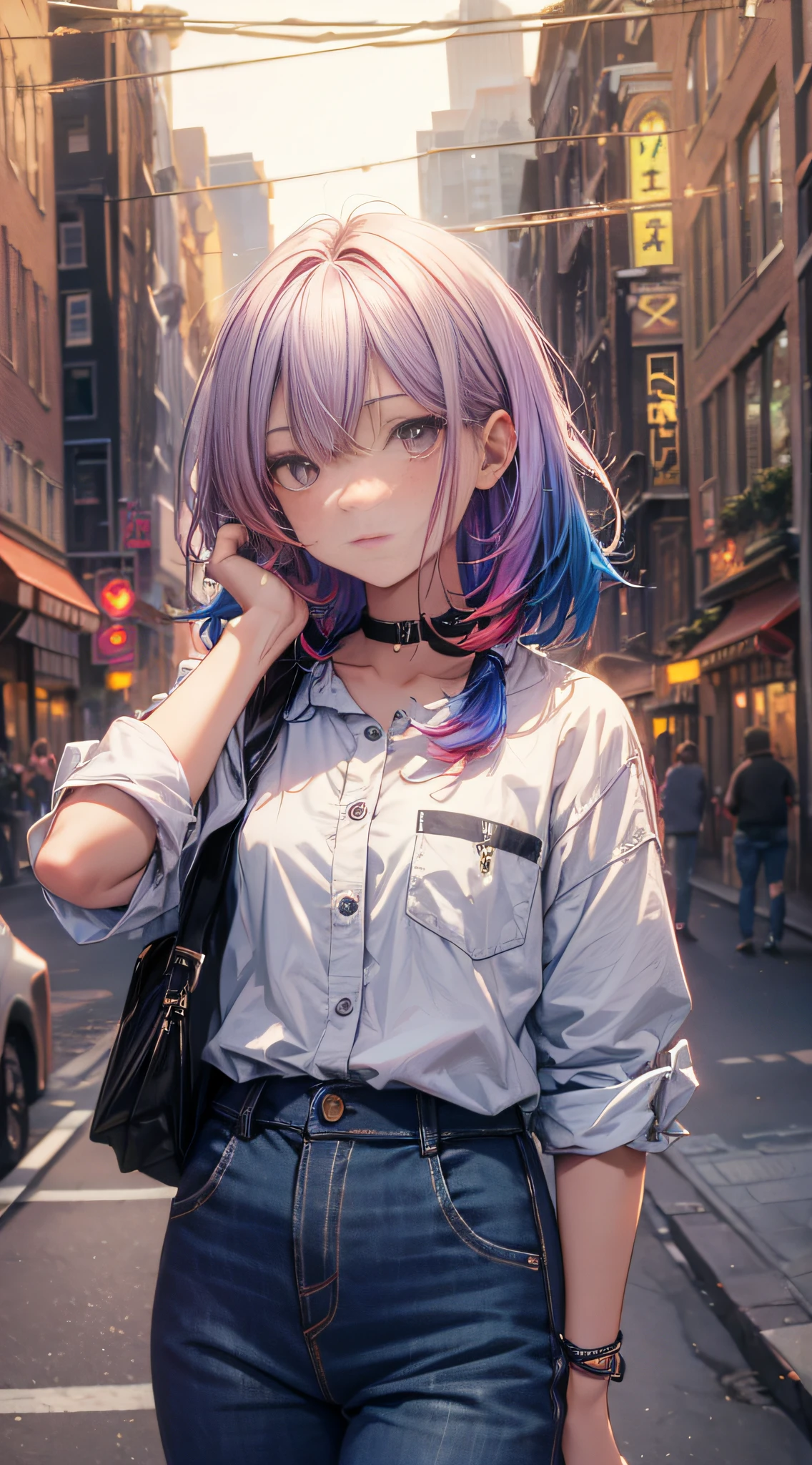 NY, (gradient hair, dutch angle:1.3), film grain, chromatic aberration, city, masterpiece, best quality, raw photo, photorealistic, absurdres, 1girl, cute, perspective, cowboy shot, highres, ultra detailed, detailed eyes and face, sharp pupils, realistic pupils, sharp focus, summer, night,