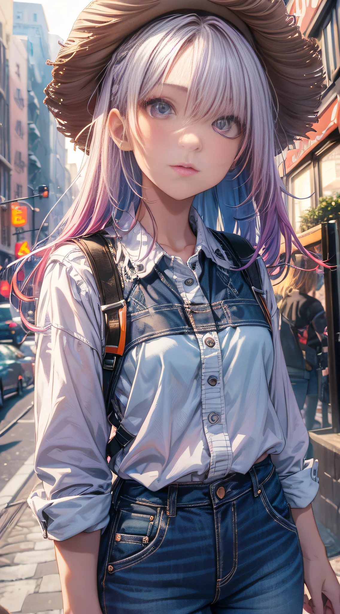 NY, (gradient hair, dutch angle:1.3), film grain, chromatic aberration, city, masterpiece, best quality, raw photo, photorealistic, absurdres, 1girl, cute, perspective, cowboy shot, highres, ultra detailed, detailed eyes and face, sharp pupils, realistic pupils, sharp focus, summer, night,