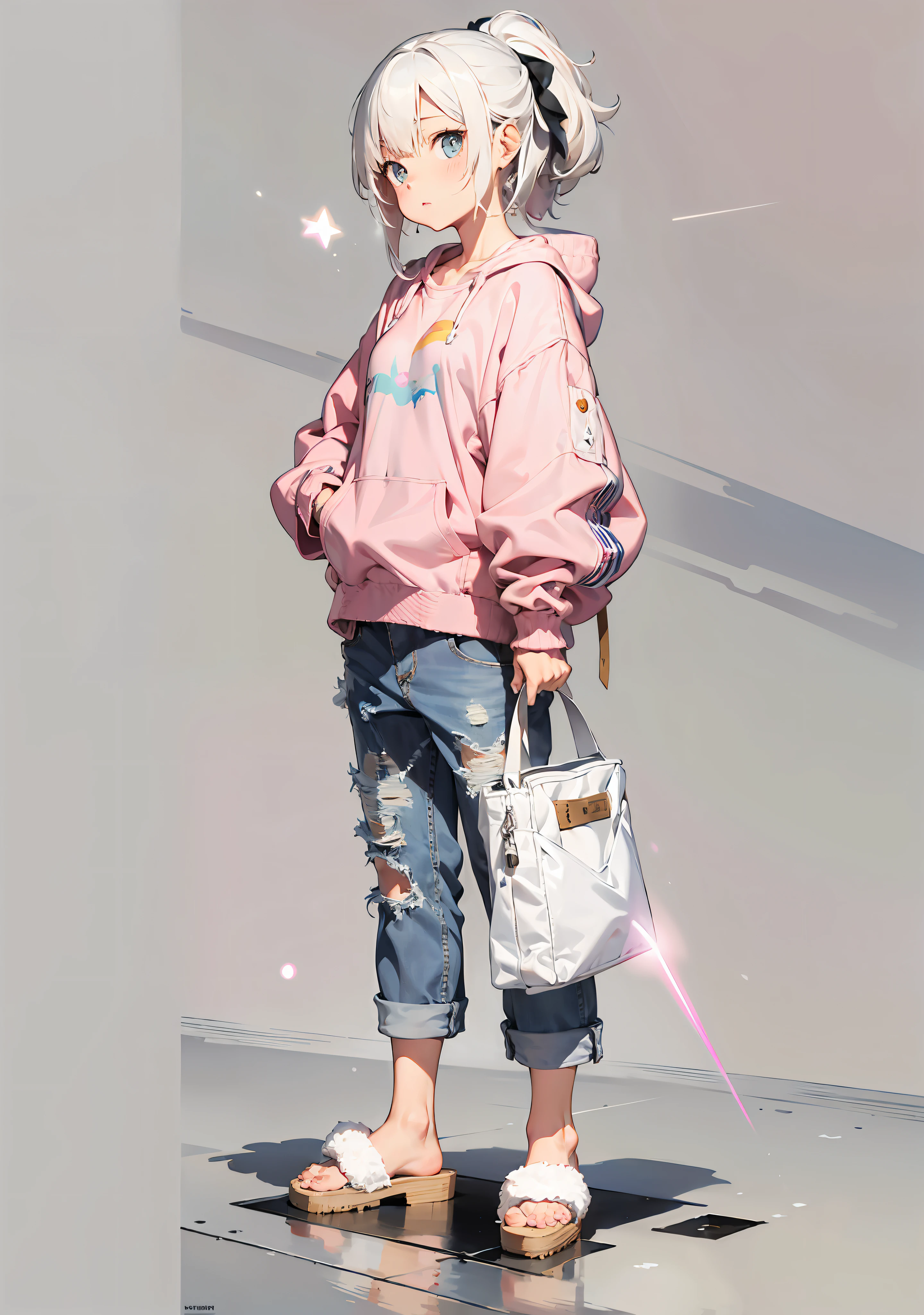 Standing painting, white hair, light eyes, laser textured pink clothes, jeans, cute slippers
