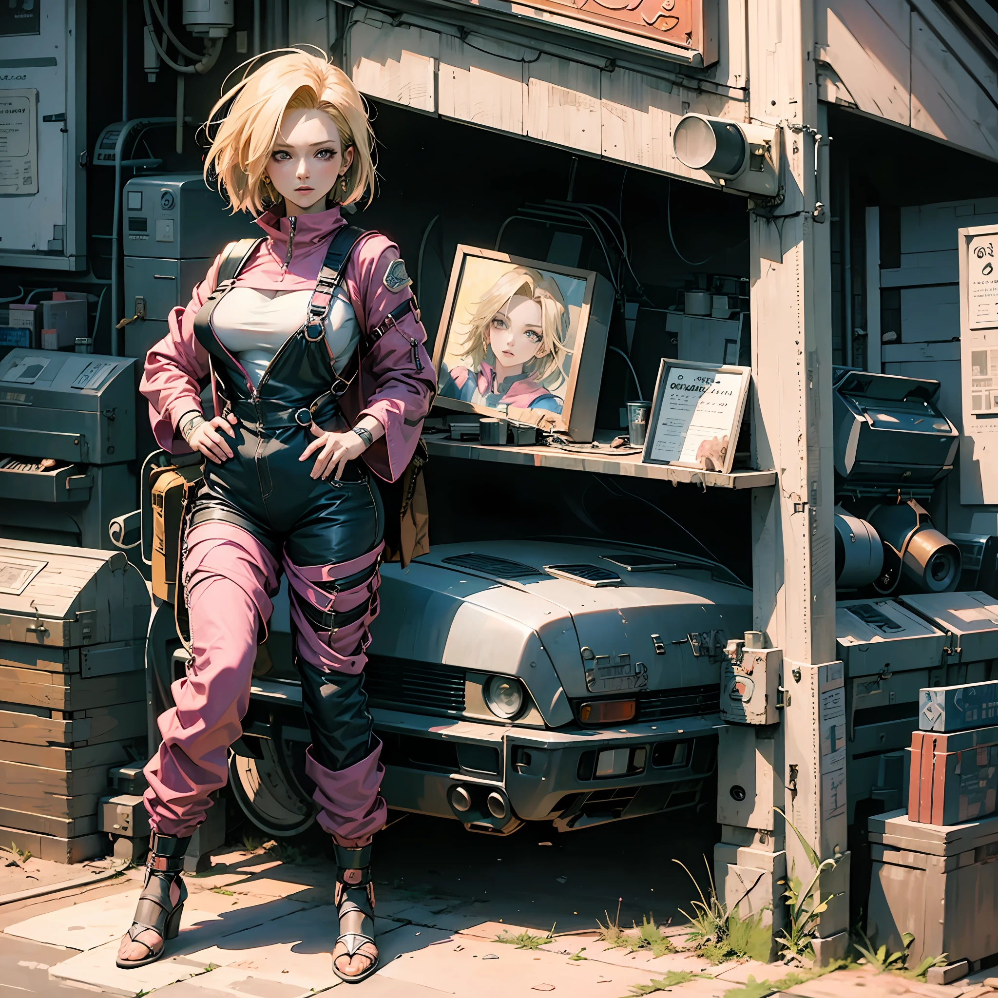 Hdr, sexy woman, masterpiece, anime style, android 18, dragon ball, anime, big breasts, pink jumpsuit, open jumpsuit showing breasts, details, short blonde hair, detailed eyes, anime, overalls between open, big breasts, human, sexy