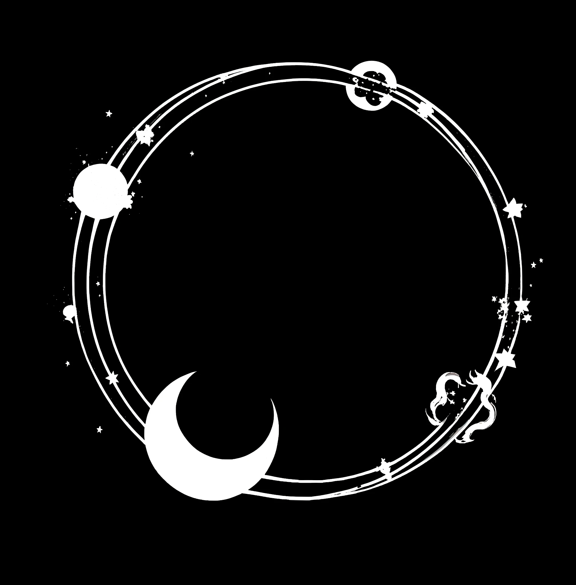 White circle of stars and crescent moon on black background, moon and stars, theme with stars and moon, white moon and black background, moon and stars, black and white color aesthetics, crescent moon, on flat color black background, moon background, ✨🕌🌙 darkness and stars in background