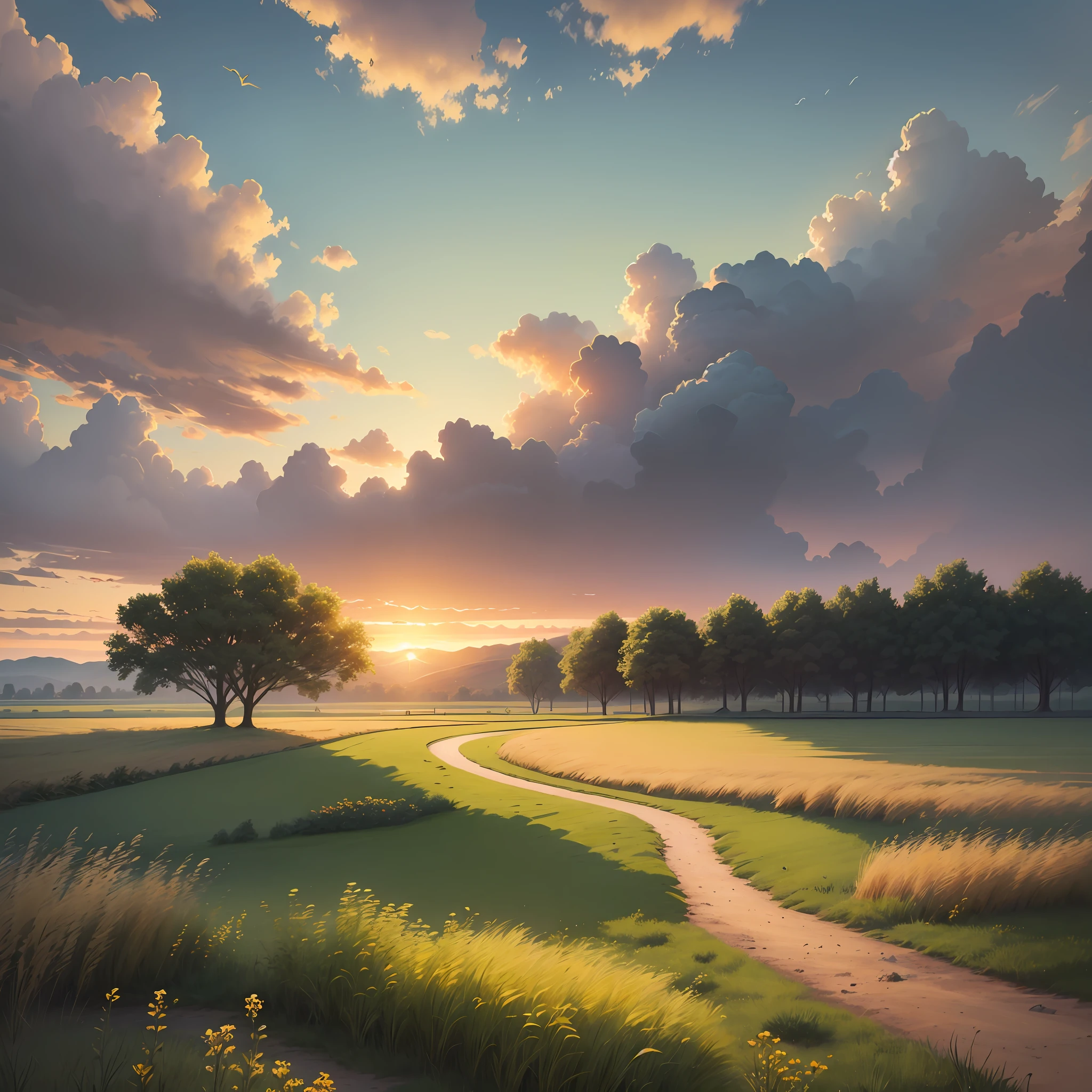 Realistic landscape with green and flat field with golden sunset. Highly realistic. Path between the field. Small birds flying around. High quality. Perfect work of art. Highly detailed. HD quality --auto --s2