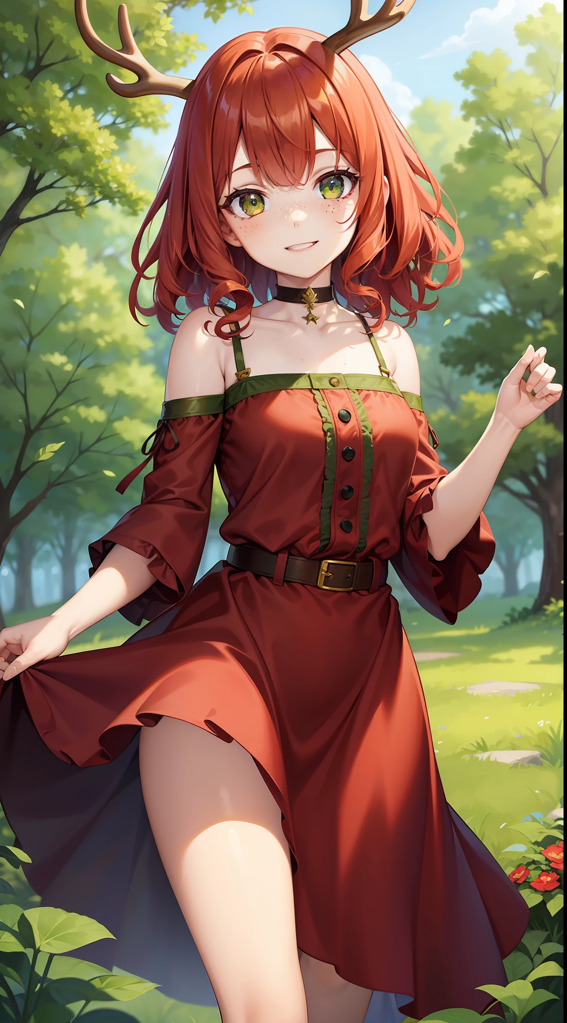 Young girl, short red hair, curly hair, green eyes, freckles, deer antlers, old Russian dress, smile, masterpiece, high quality