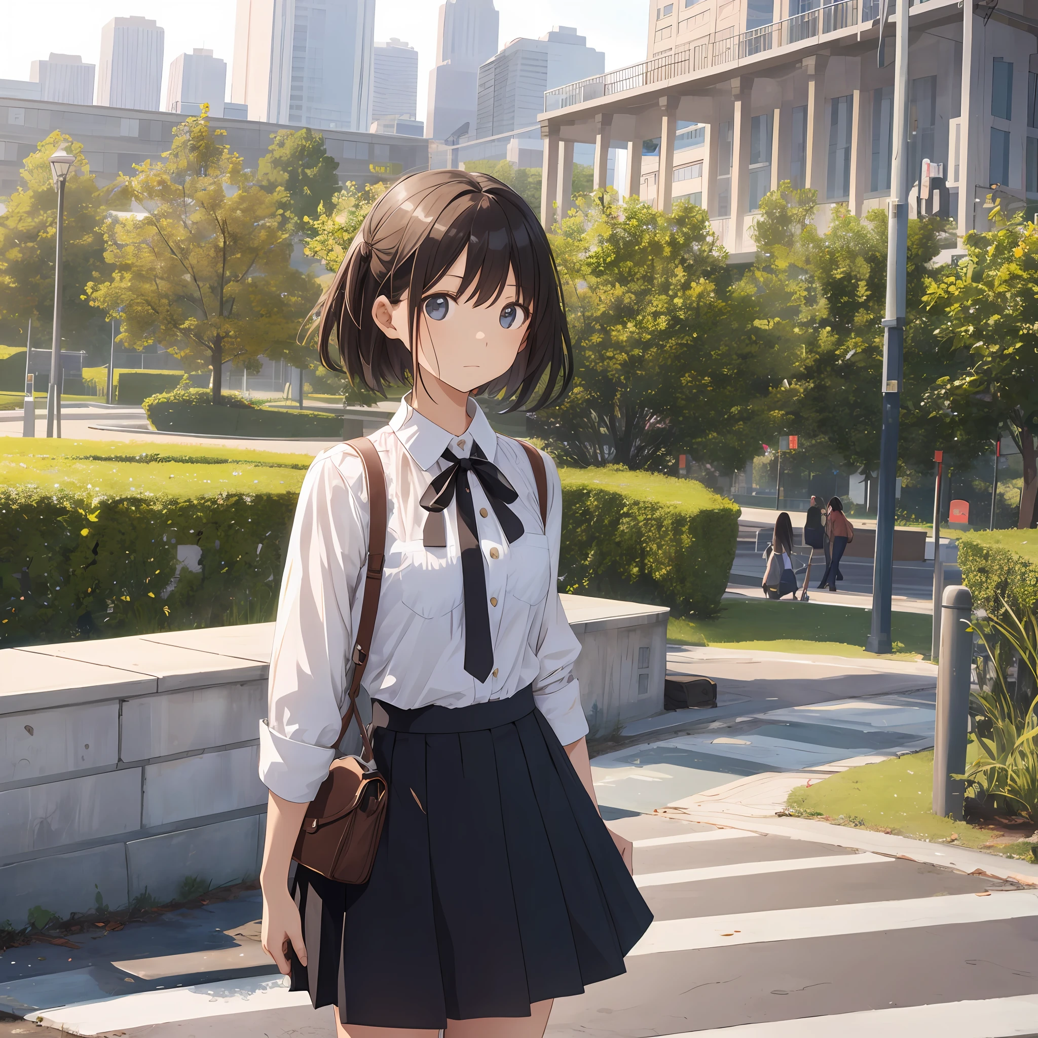 A girl, talking nervously, with a park in the background, wearing a skirt
