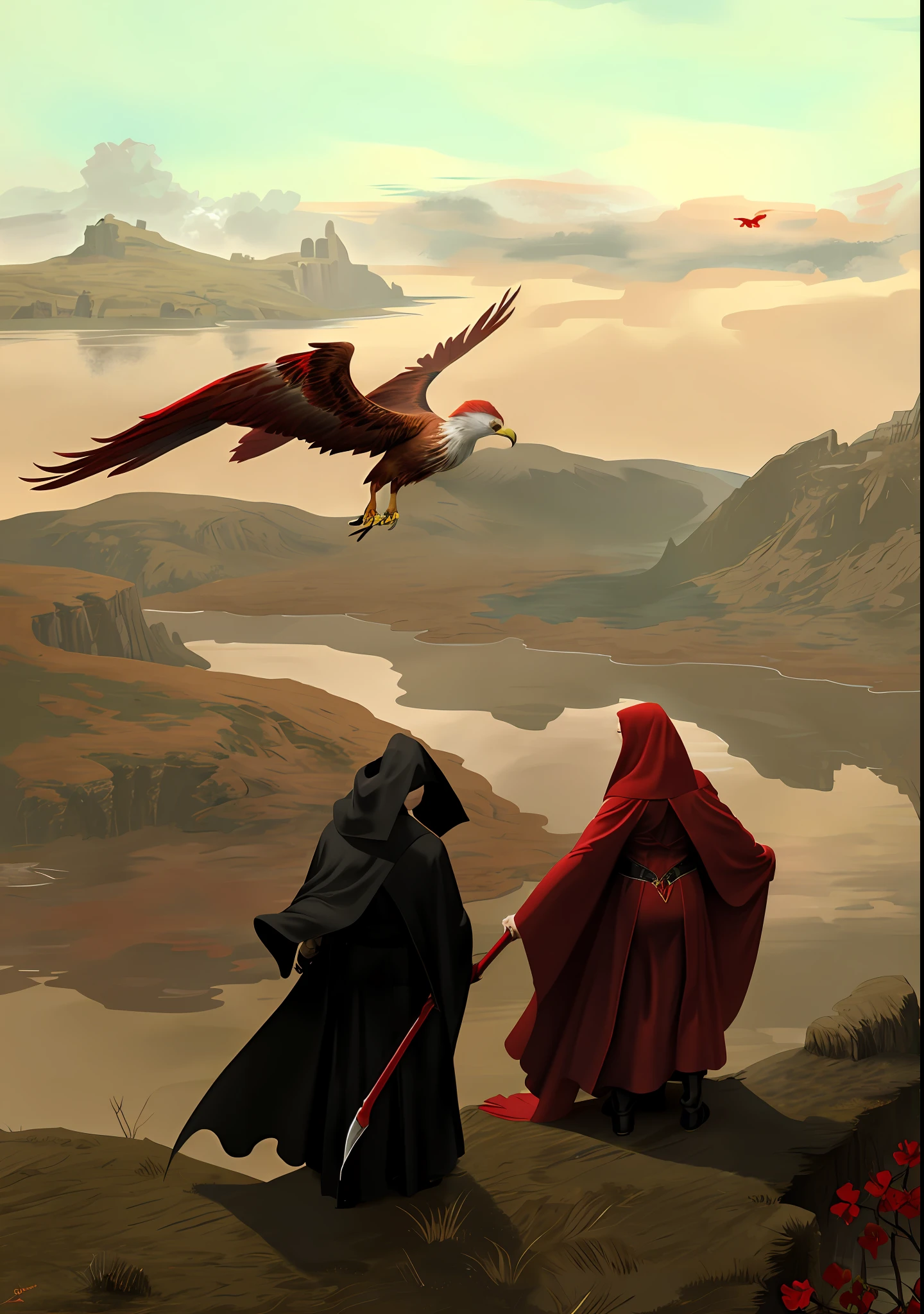 1 man and 1 woman, painting of a red kite flying in the air over a body of water, scythe, long torn red cape, a red cape, with a red halo over her head, dressed in a beautiful red cloak, devotion to the scarlet man, red cloak, bastien lecouffe - deharme, reminded me of the grim reaper