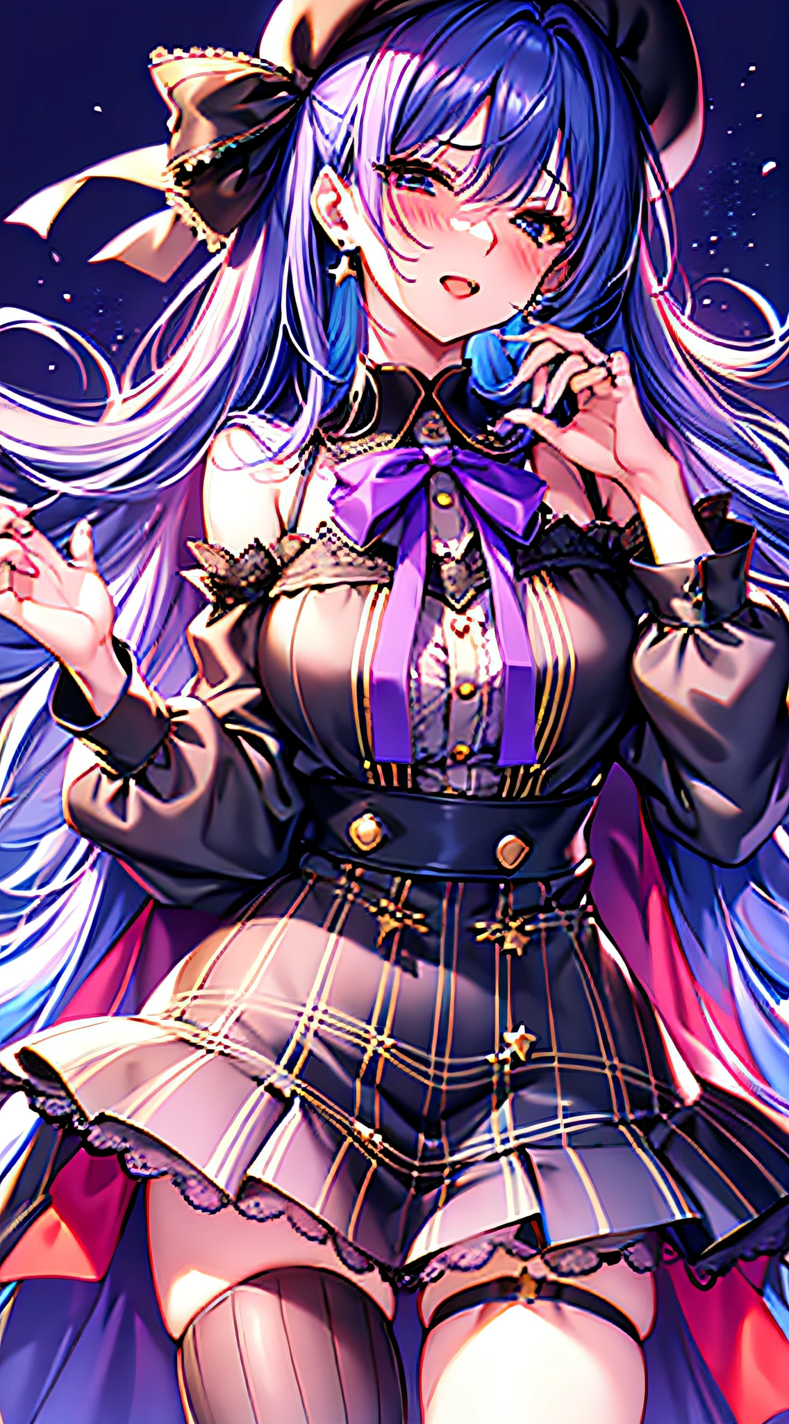 1girl, bangs, beret, black_headwear, blue_eyes, blue_hair, blush, bow, buttons, choker, earrings, eyebrows_visible_through_hair, fingernails, from_above, hair_between_eyes, hair_ribbon, hand_up, hat, hoshimachi_suisei, jacket, jewelry, lace, lace_trim, long_hair, long_sleeves, looking_at_viewer, nail_polish, neck_ribbon, off_shoulder, open_mouth, orange_legwear, purple_eyes, ribbon, shirt, simple_background, smile, solo, star_\(symbol\), star_in_eye, virtual_youtuber, white_background