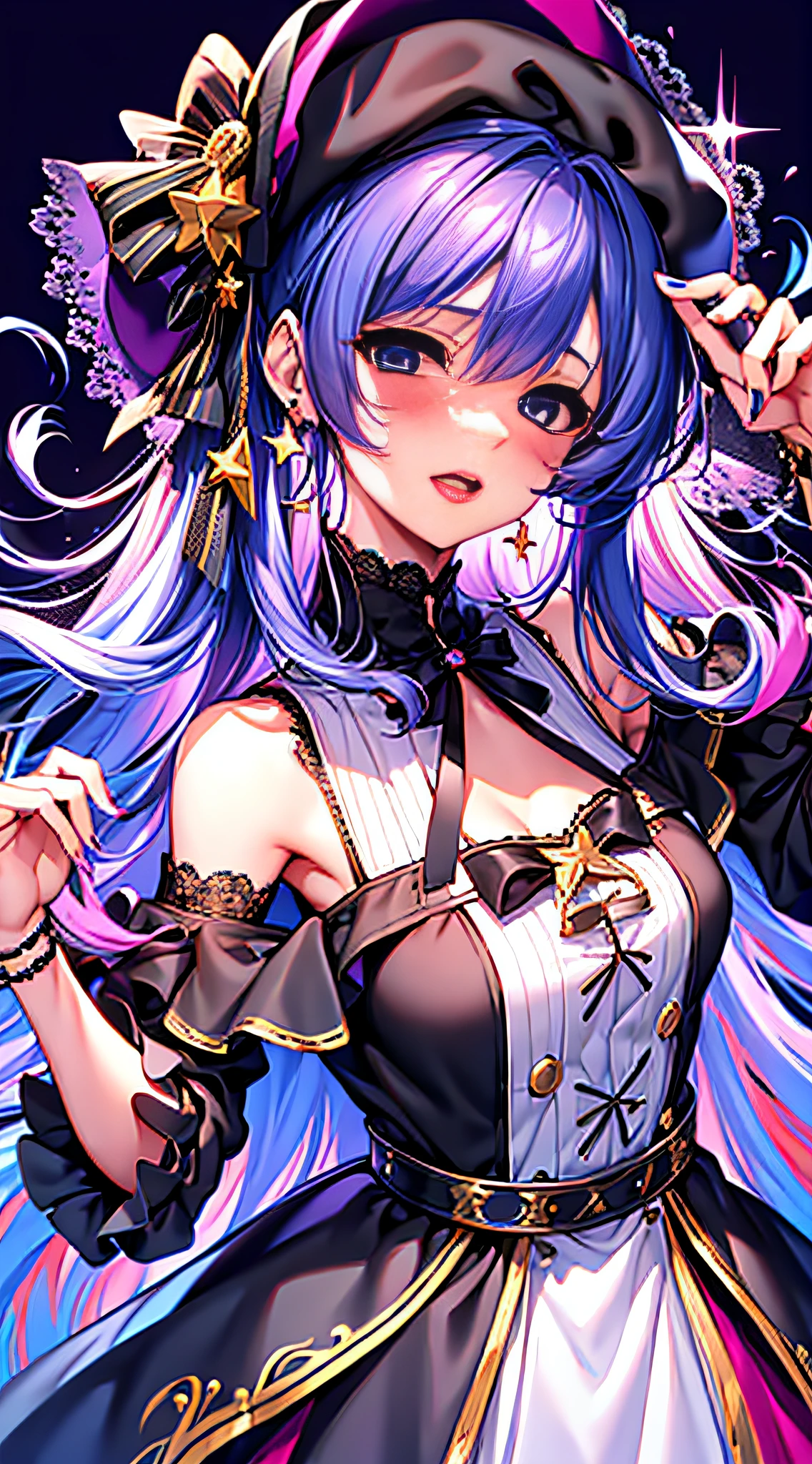 1girl, bangs, beret, black_headwear, blue_eyes, blue_hair, blush, bow, buttons, choker, earrings, eyebrows_visible_through_hair, fingernails, from_above, hair_between_eyes, hair_ribbon, hand_up, hat, hoshimachi_suisei, jacket, jewelry, lace, lace_trim, long_hair, long_sleeves, looking_at_viewer, nail_polish, neck_ribbon, off_shoulder, open_mouth, orange_legwear, purple_eyes, ribbon, shirt, simple_background, smile, solo, star_\(symbol\), star_in_eye, virtual_youtuber, white_background