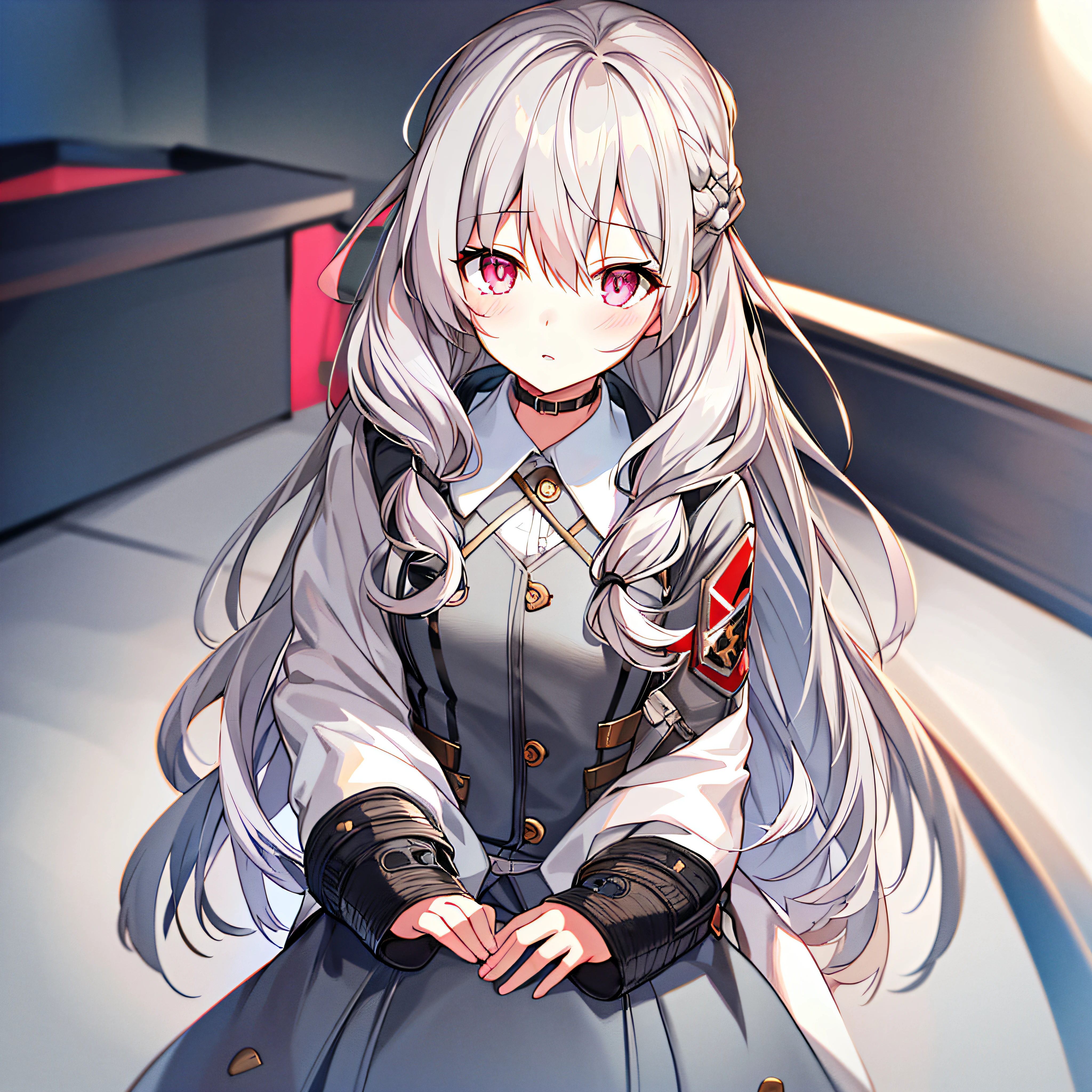 {{portrait}}, {girls' frontline}, game cg, pink eyes, grey hair, crossed bangs, long hair, black sweater, light blush, button eyes, white background, solo