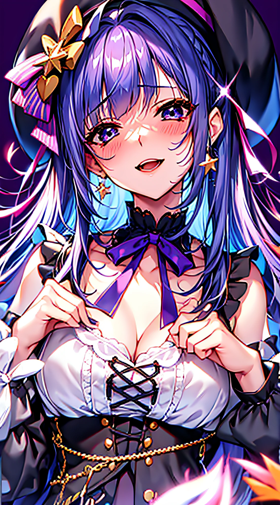1girl, bangs, beret, black_headwear, blue_eyes, blue_hair, blush, bow, buttons, choker, earrings, eyebrows_visible_through_hair, fingernails, from_above, hair_between_eyes, hair_ribbon, hand_up, hat, hoshimachi_suisei, jacket, jewelry, lace, lace_trim, long_hair, long_sleeves, looking_at_viewer, nail_polish, neck_ribbon, off_shoulder, open_mouth, orange_legwear, purple_eyes, ribbon, shirt, simple_background, smile, solo, star_\(symbol\), star_in_eye, virtual_youtuber, white_background