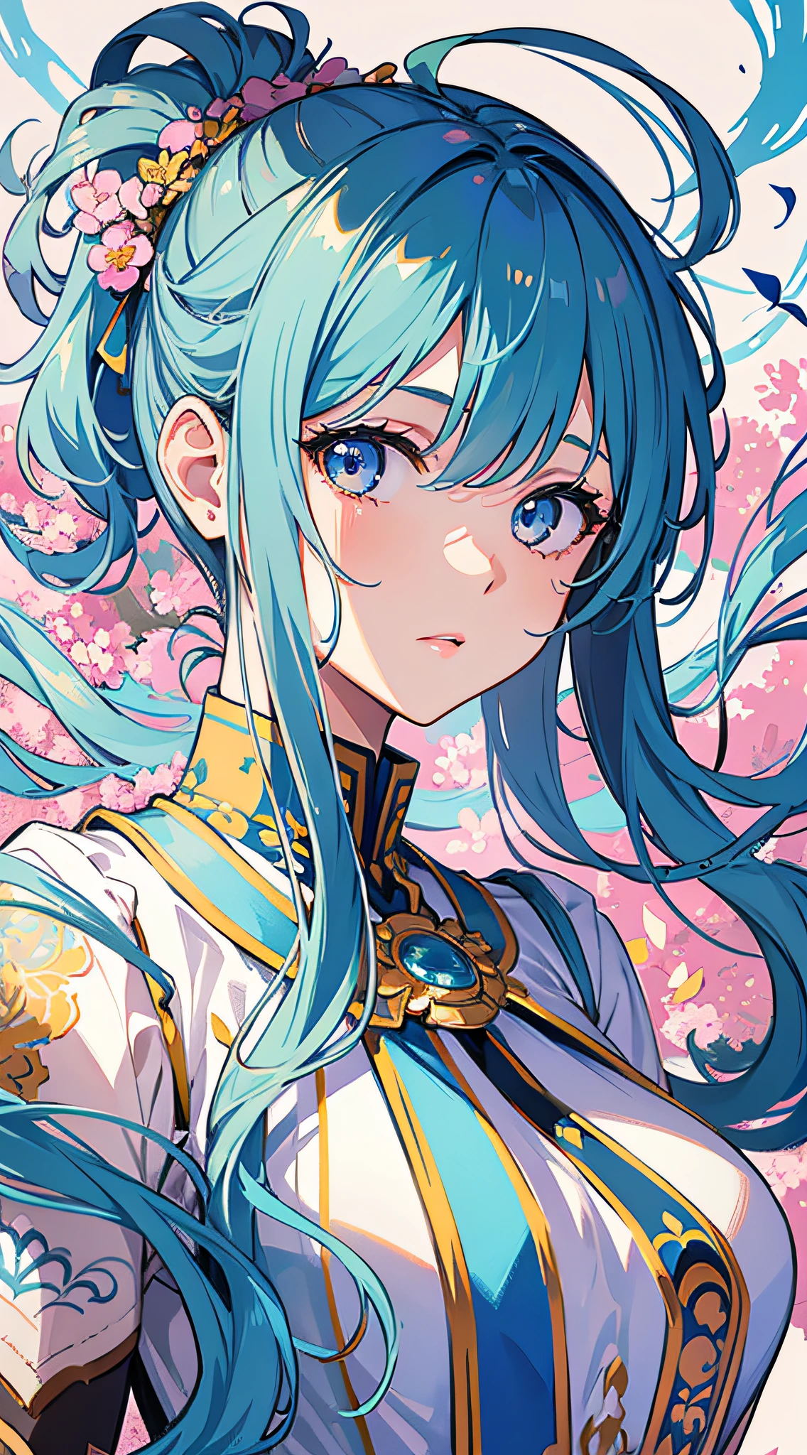 (masterpiece), (best quality), (ultra detailed),(disheveled hair),(illustration), (1girl), (Fashionable clothing), standing, Fashion model, looking at viewer, (interview), (simple background),beautiful detailed eyes, delicate beautiful face, Floating,(high saturation),(colorful splashes),colorful bubble,(shining), focus on face, ponytail, kamisato ayaka, light blue hair, bangs, hair ring, floating flowers, floating hairs, (shining), best lighting, best shadow,