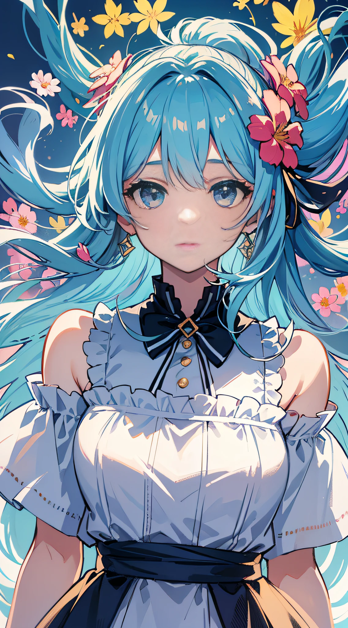 (masterpiece), (best quality), (ultra detailed),(disheveled hair),(illustration), (1girl), (Fashionable clothing), standing, Fashion model, looking at viewer, (interview), (simple background),beautiful detailed eyes, delicate beautiful face, Floating,(high saturation),(colorful splashes),colorful bubble,(shining), focus on face, ponytail, kamisato ayaka, light blue hair, bangs, hair ring, floating flowers, floating hairs, (shining), best lighting, best shadow,